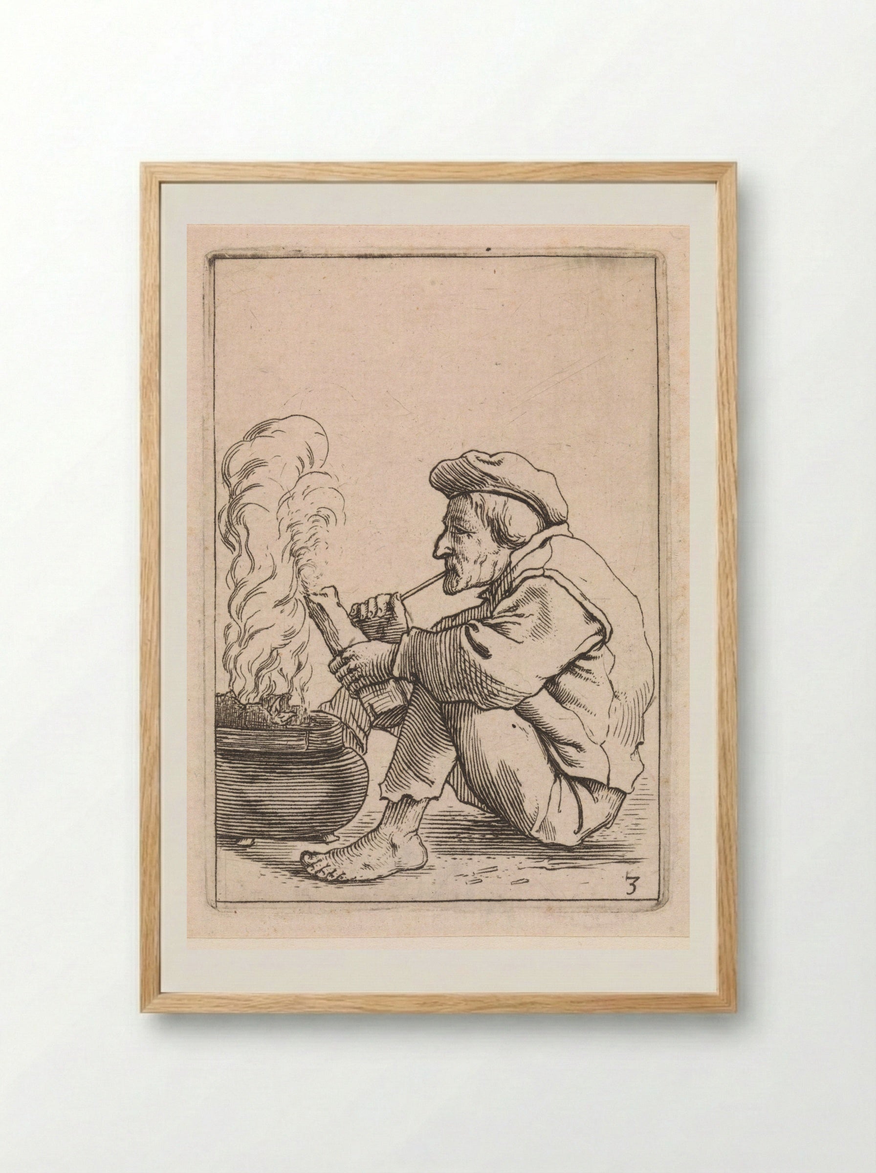 Zittende boer met pijp voor een dampende ketel - Cornelis Saftleven - Framed Print Wood