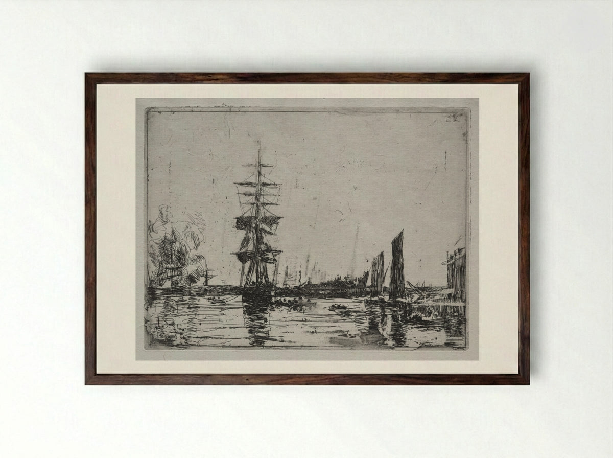 Boats at Anchor - Eugène Boudin - Framed Print Dark Wood