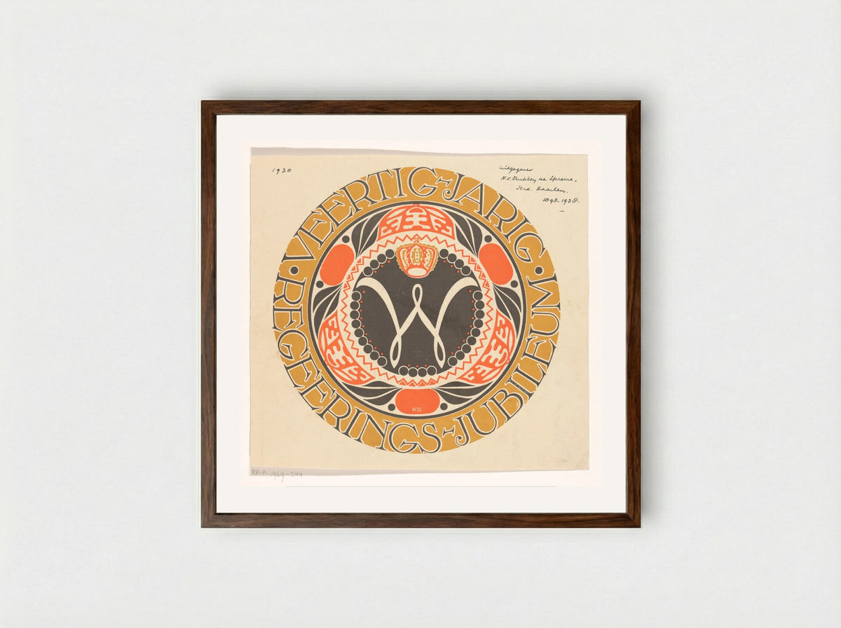 Emblem for the Fortieth Anniversary of the Reign of Queen Wilhelmina - Carel Adolph Lion Cachet - Framed Print Dark Wood