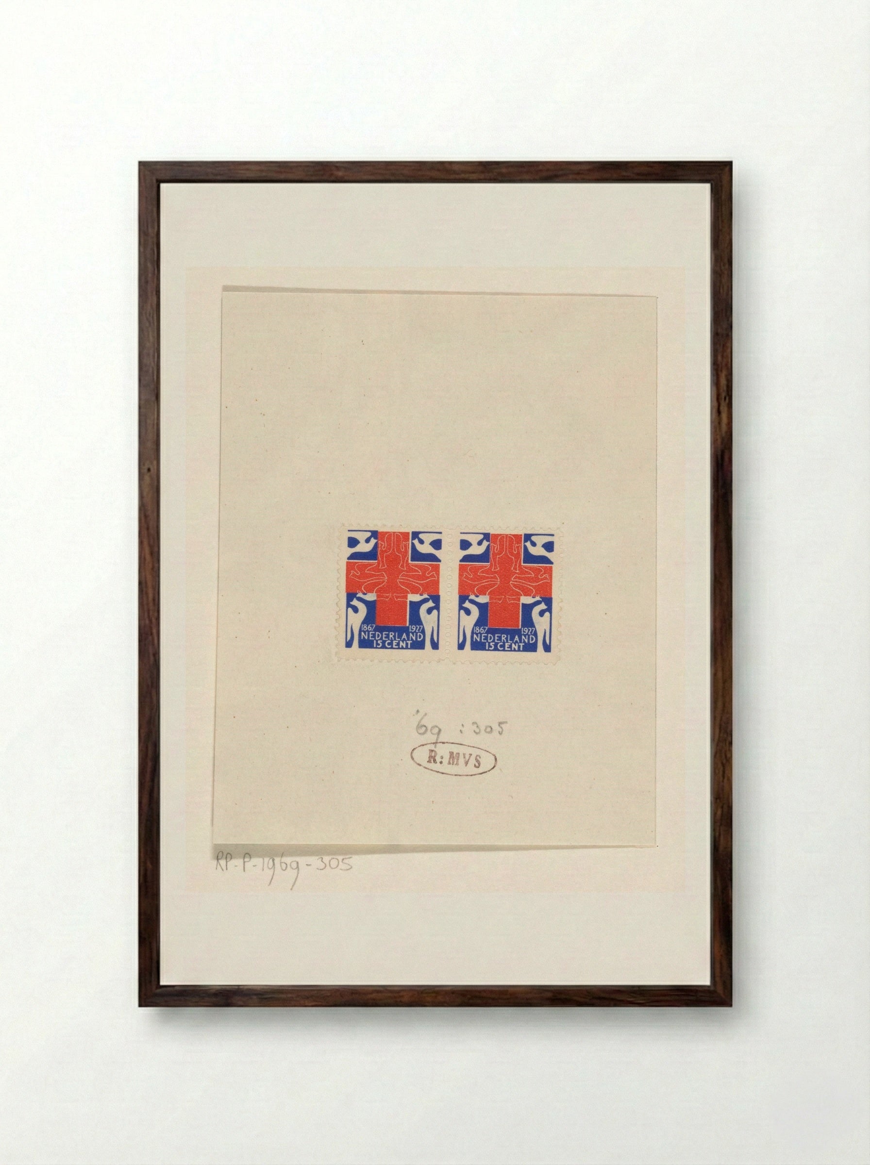 Twee Rode Kruiszegels van 15 cent - Carel Adolph Lion Cachet - Framed Print Dark Wood