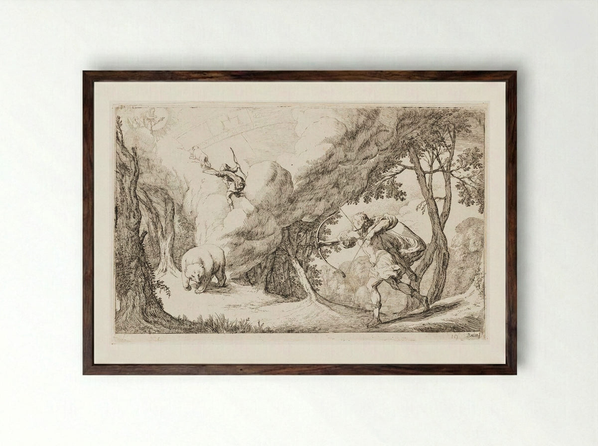 Callisto, Transformed into a Bear, Is Hunted by Her Son Arcas and Becomes a Constellation - Johann Wilhelm Baur - Framed Print Dark Wood