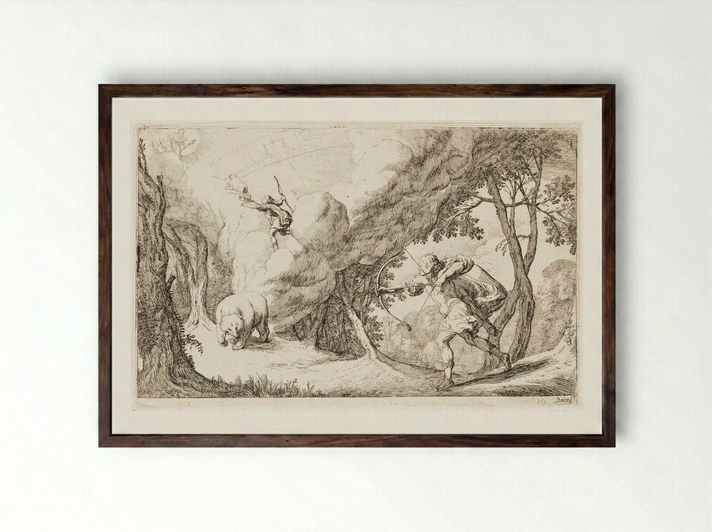Callisto, Transformed into a Bear, Is Hunted by Her Son Arcas and Becomes a Constellation - Johann Wilhelm Baur - Framed Print Dark Wood