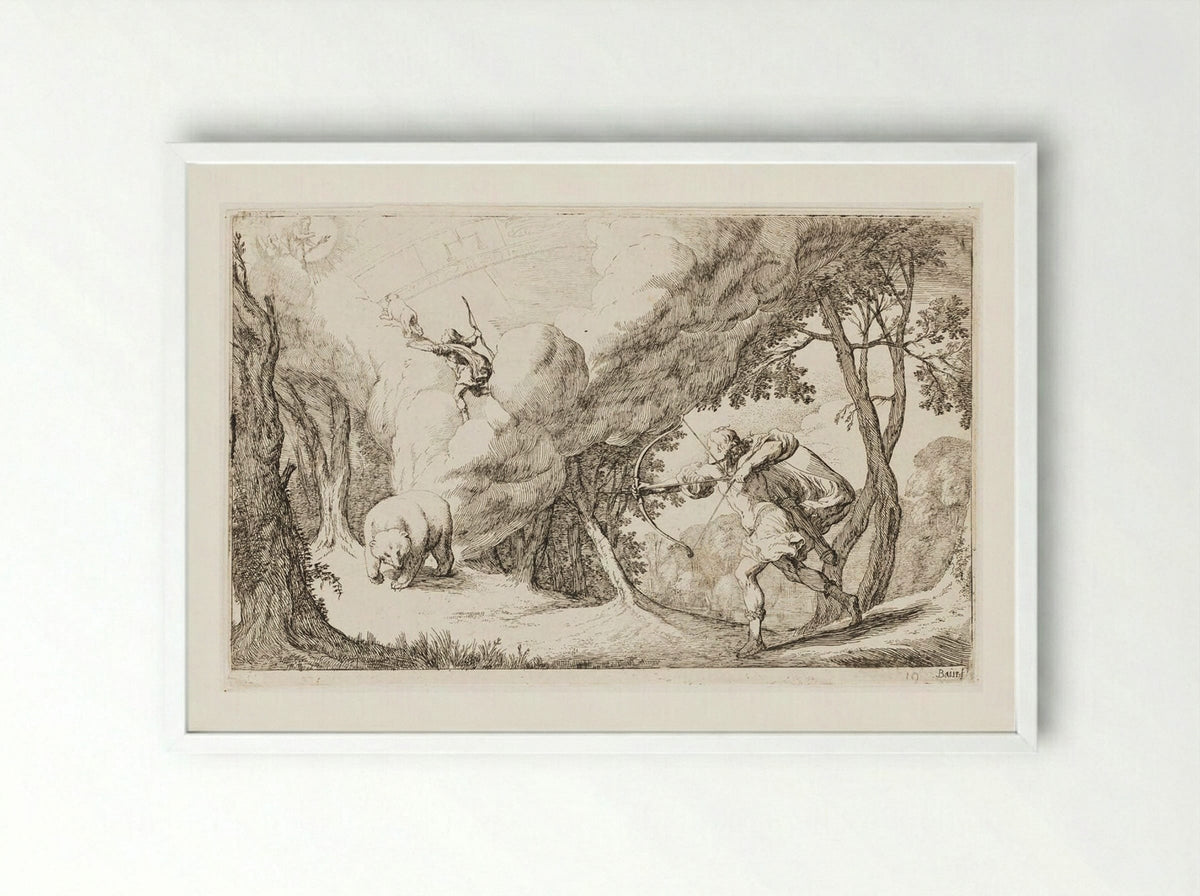 Callisto, Transformed into a Bear, Is Hunted by Her Son Arcas and Becomes a Constellation - Johann Wilhelm Baur - Framed Print White