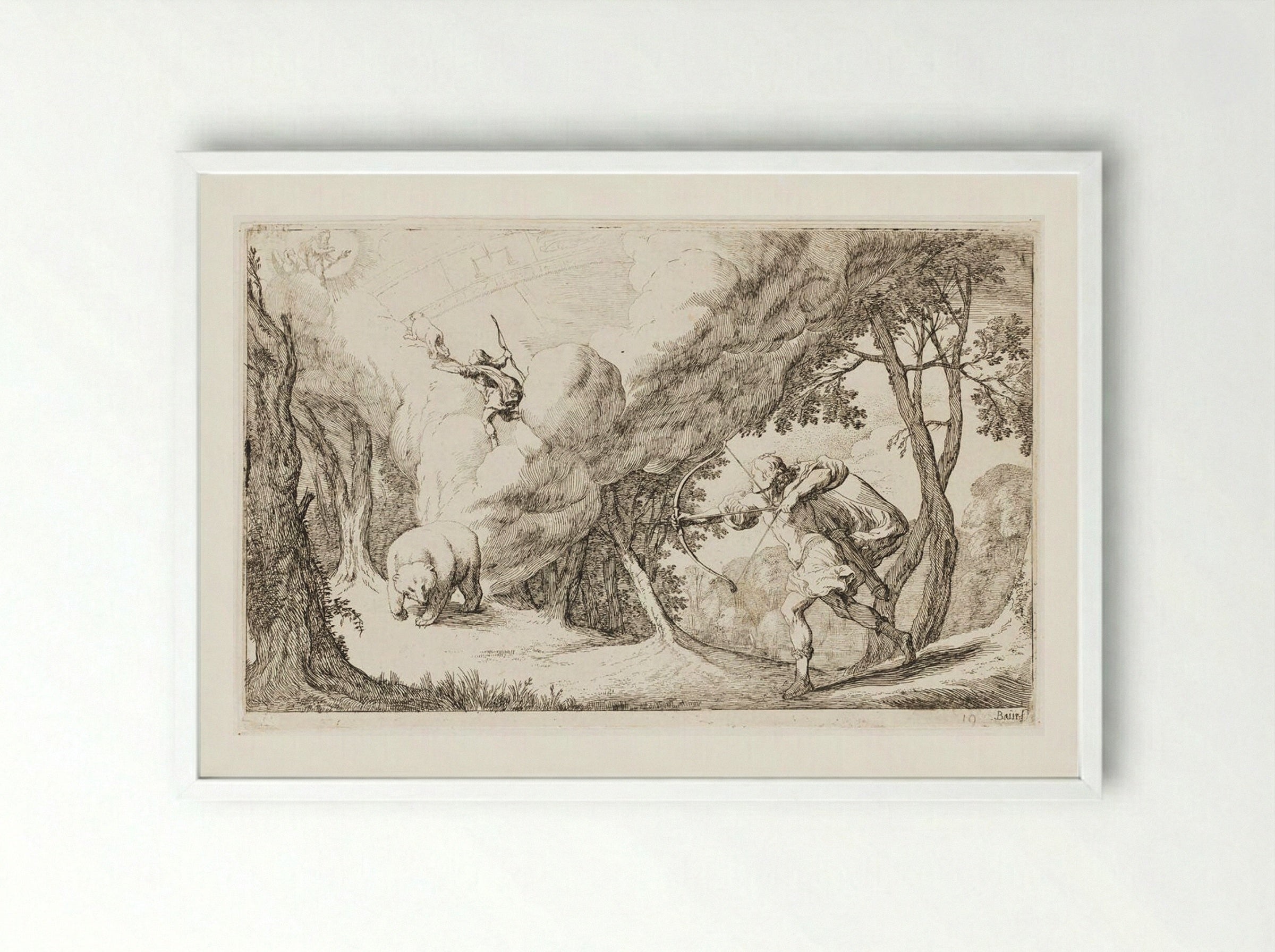 Callisto, Transformed into a Bear, Is Hunted by Her Son Arcas and Becomes a Constellation - Johann Wilhelm Baur - Framed Print White