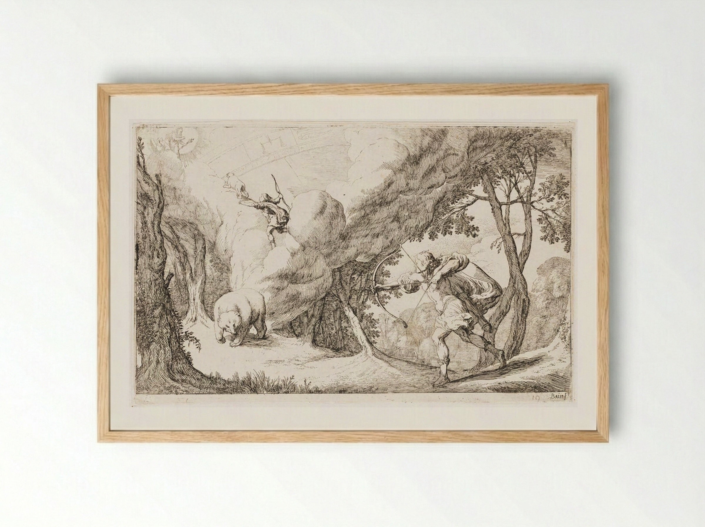 Callisto, Transformed into a Bear, Is Hunted by Her Son Arcas and Becomes a Constellation - Johann Wilhelm Baur - Framed Print Wood