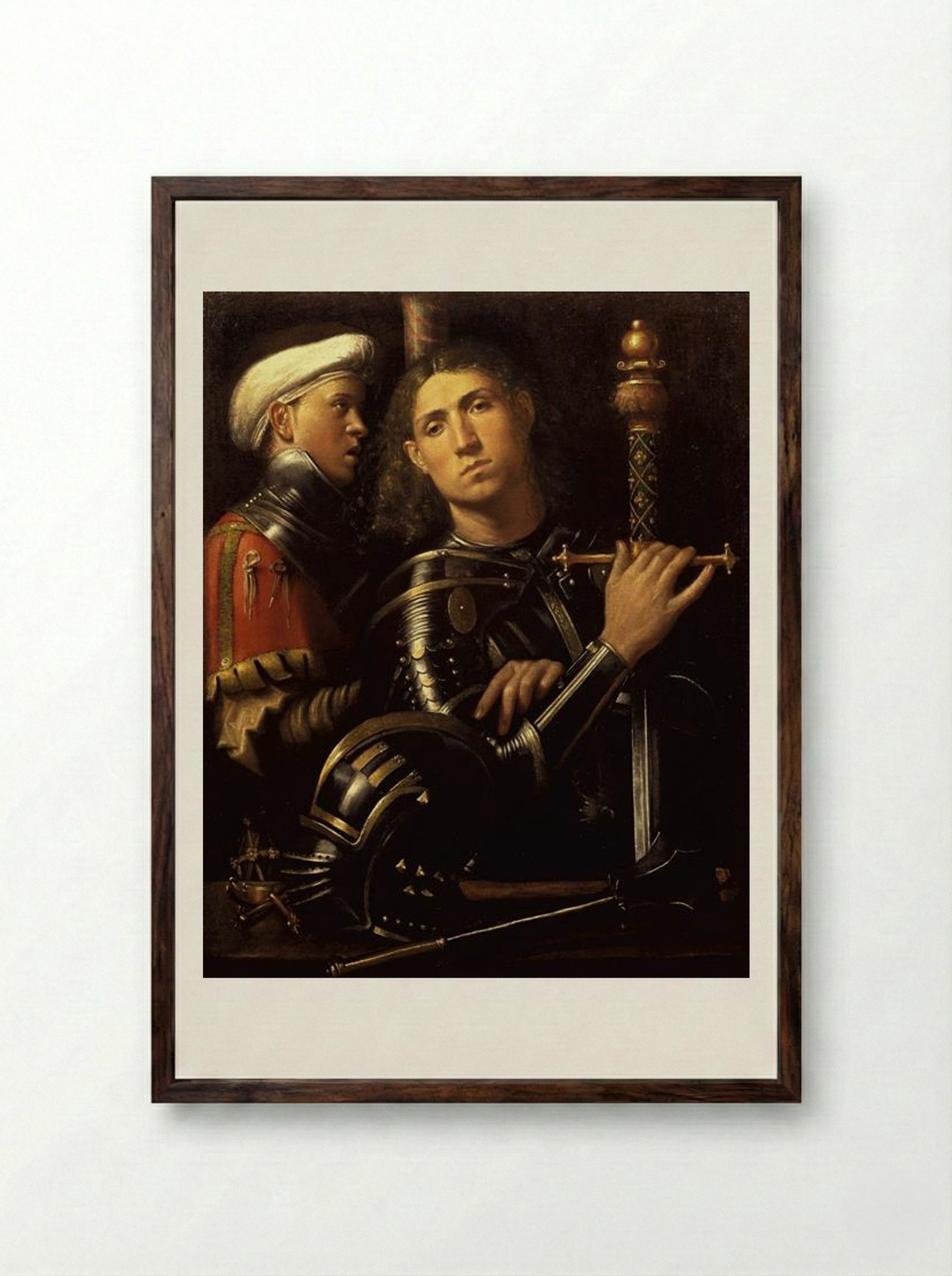 Warrior with Groom - Giorgione - Framed Print Dark Wood