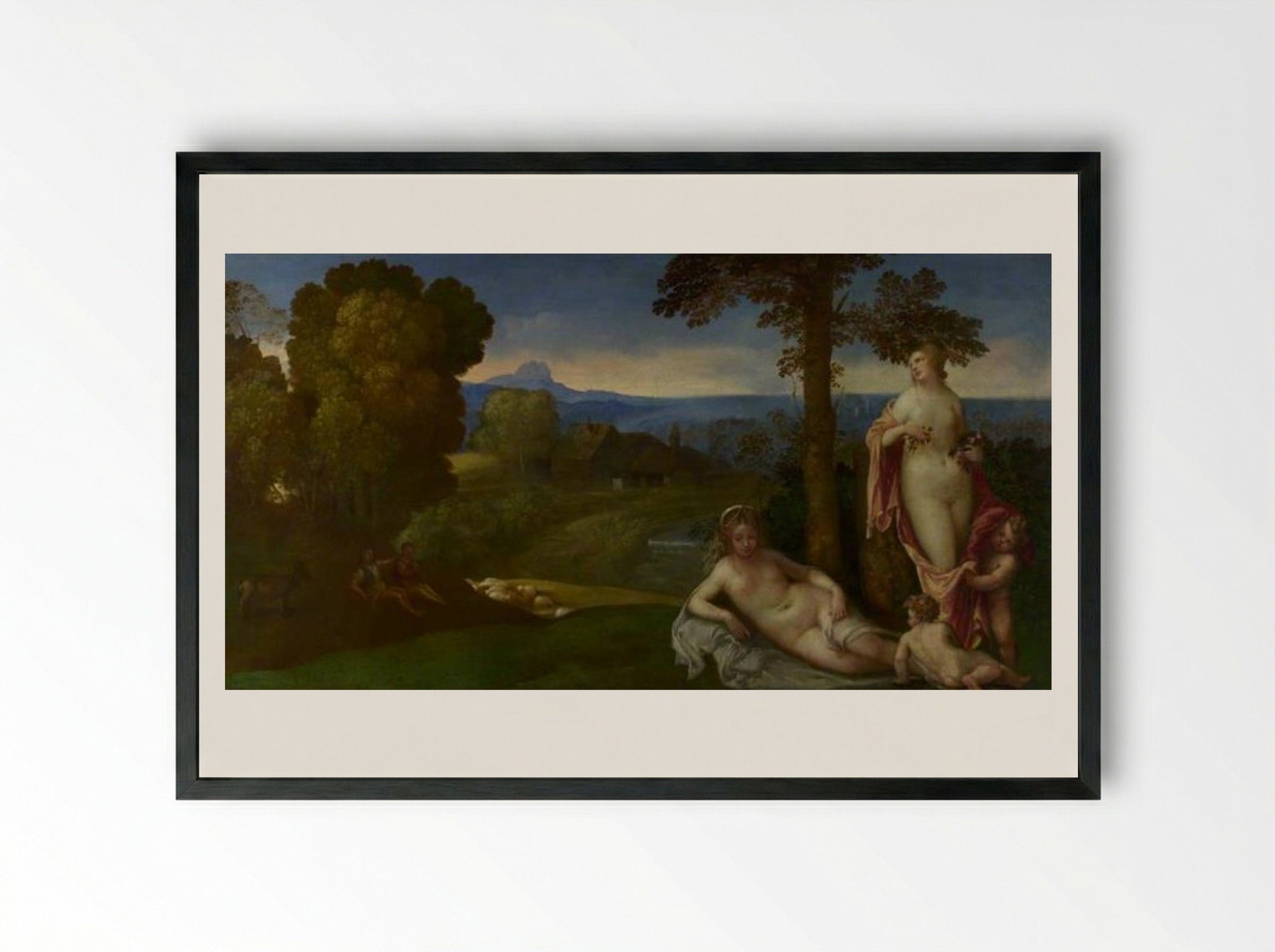 Nymphs and Children in a Landscape with Shepherds - Giorgione - Framed Print Black