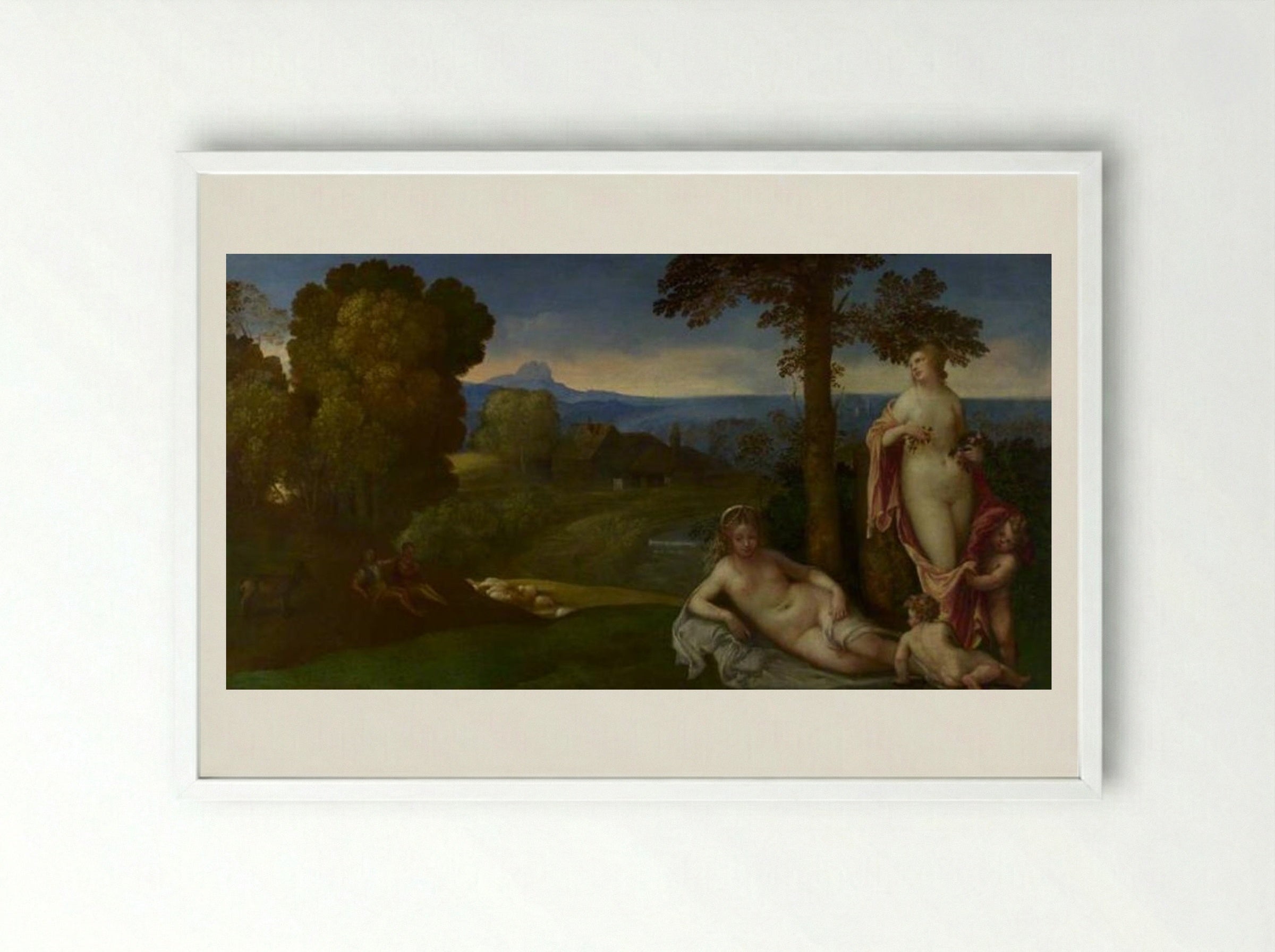 Nymphs and Children in a Landscape with Shepherds - Giorgione - Framed Print White