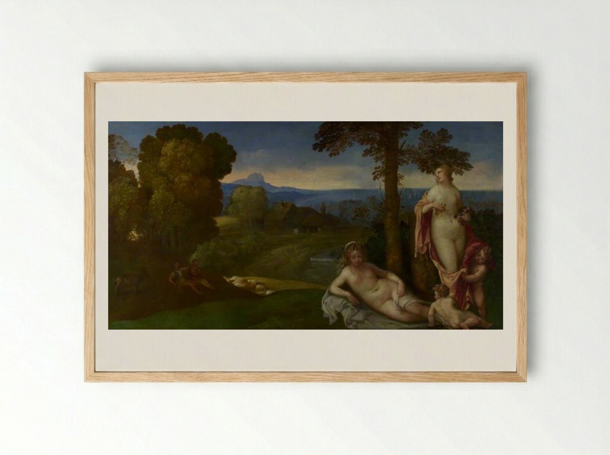 Nymphs and Children in a Landscape with Shepherds - Giorgione - Framed Print Wood