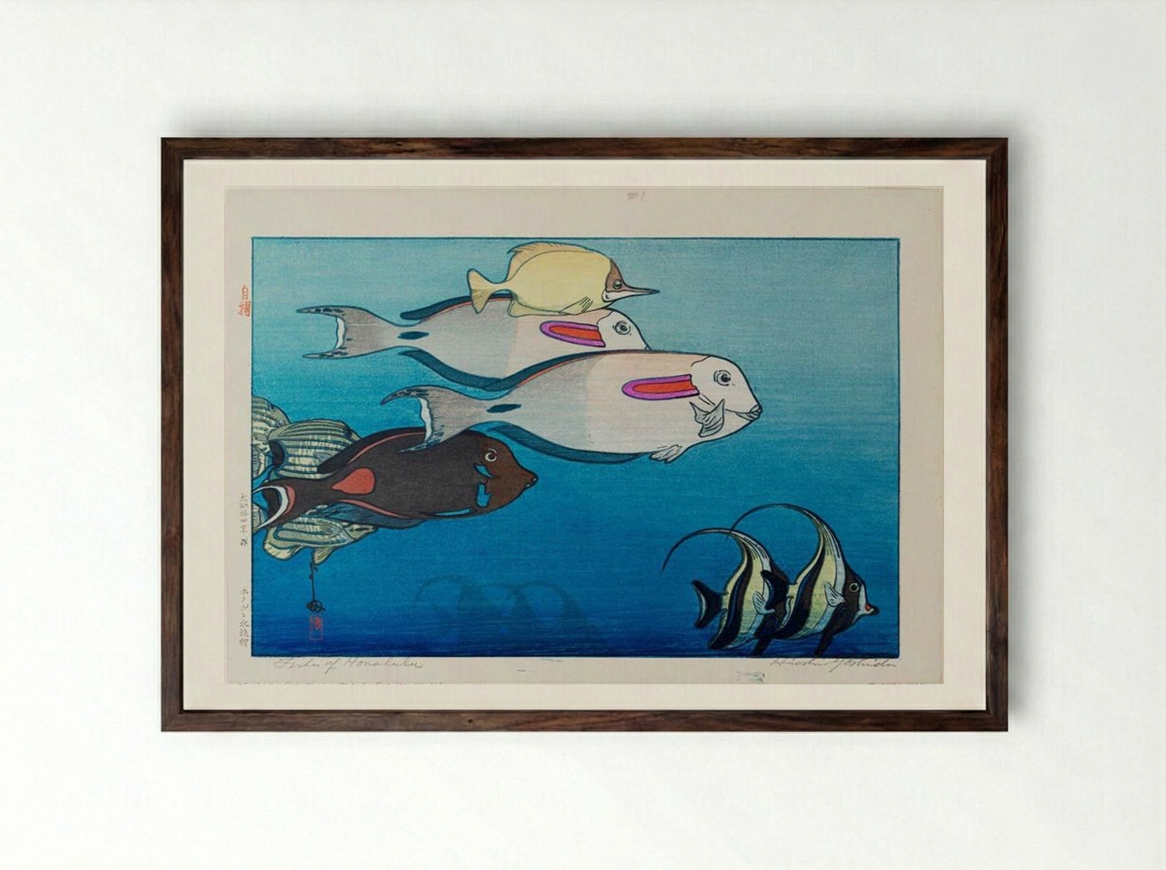 Fishes of Honolulu - Hiroshi Yoshida - Framed Print Dark Wood
