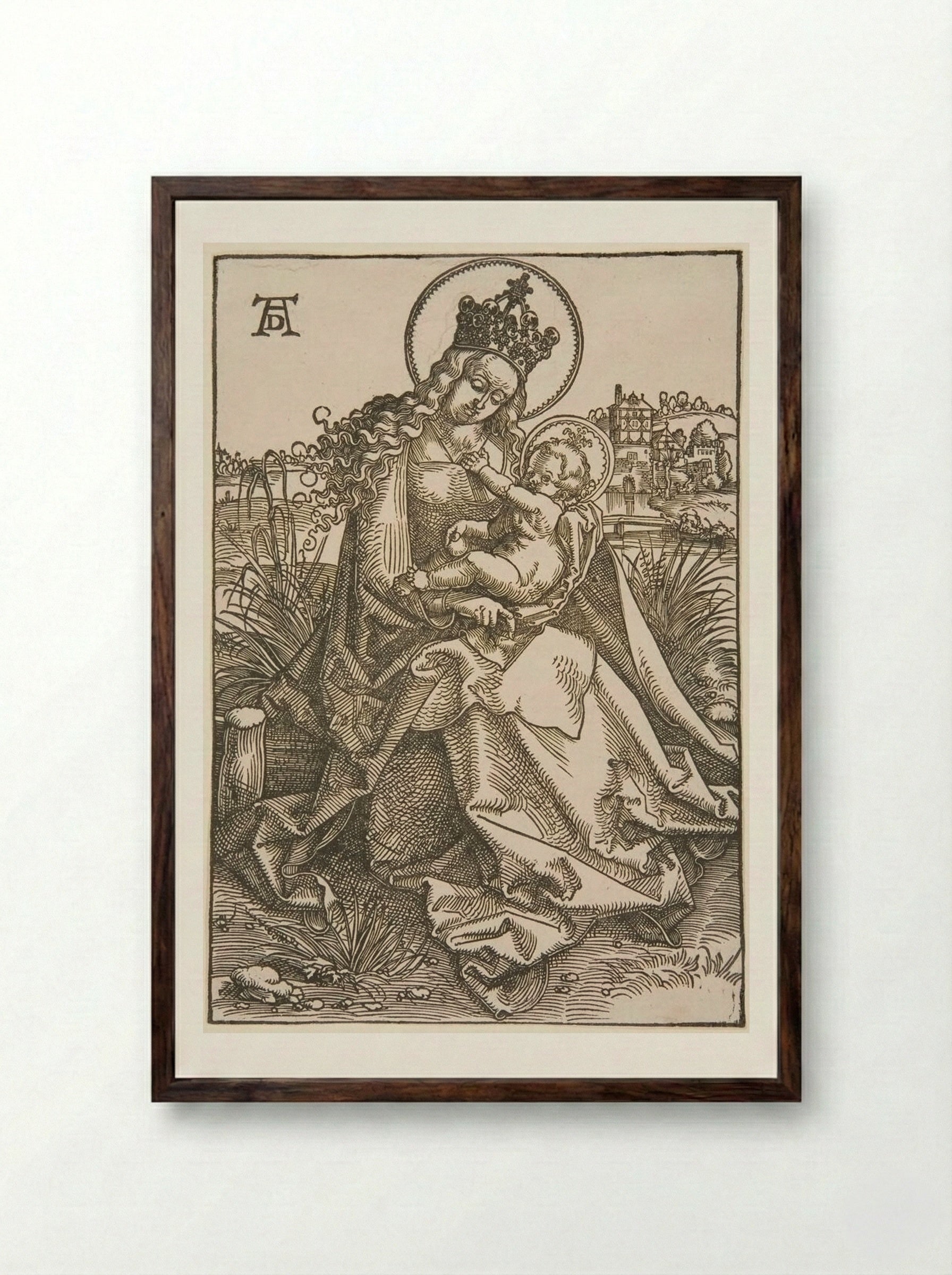 Madonna and Child on a Grassy Bank - Hans Baldung Grien - Framed Print Dark Wood