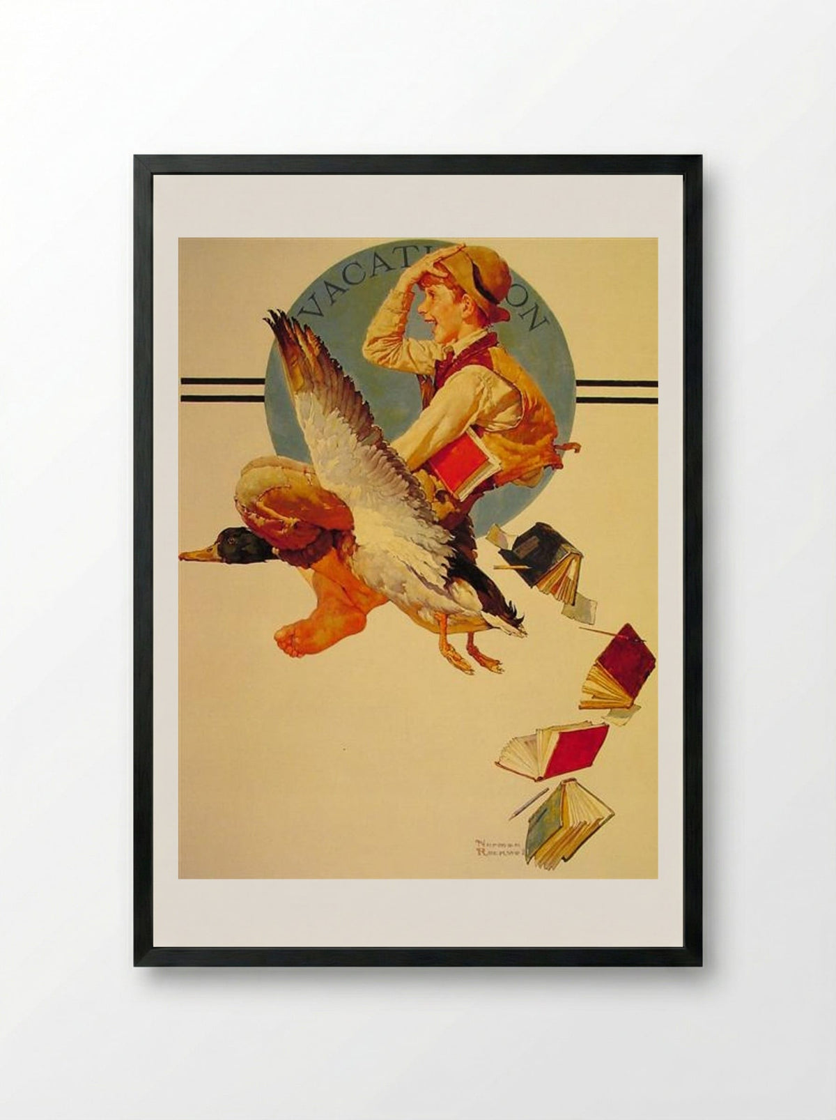 Vacation (Boy Riding a Goose) - Norman Rockwell - Framed Print Black