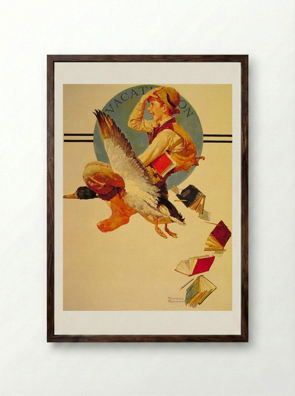 Vacation (Boy Riding a Goose) - Norman Rockwell - Framed Print Dark Wood