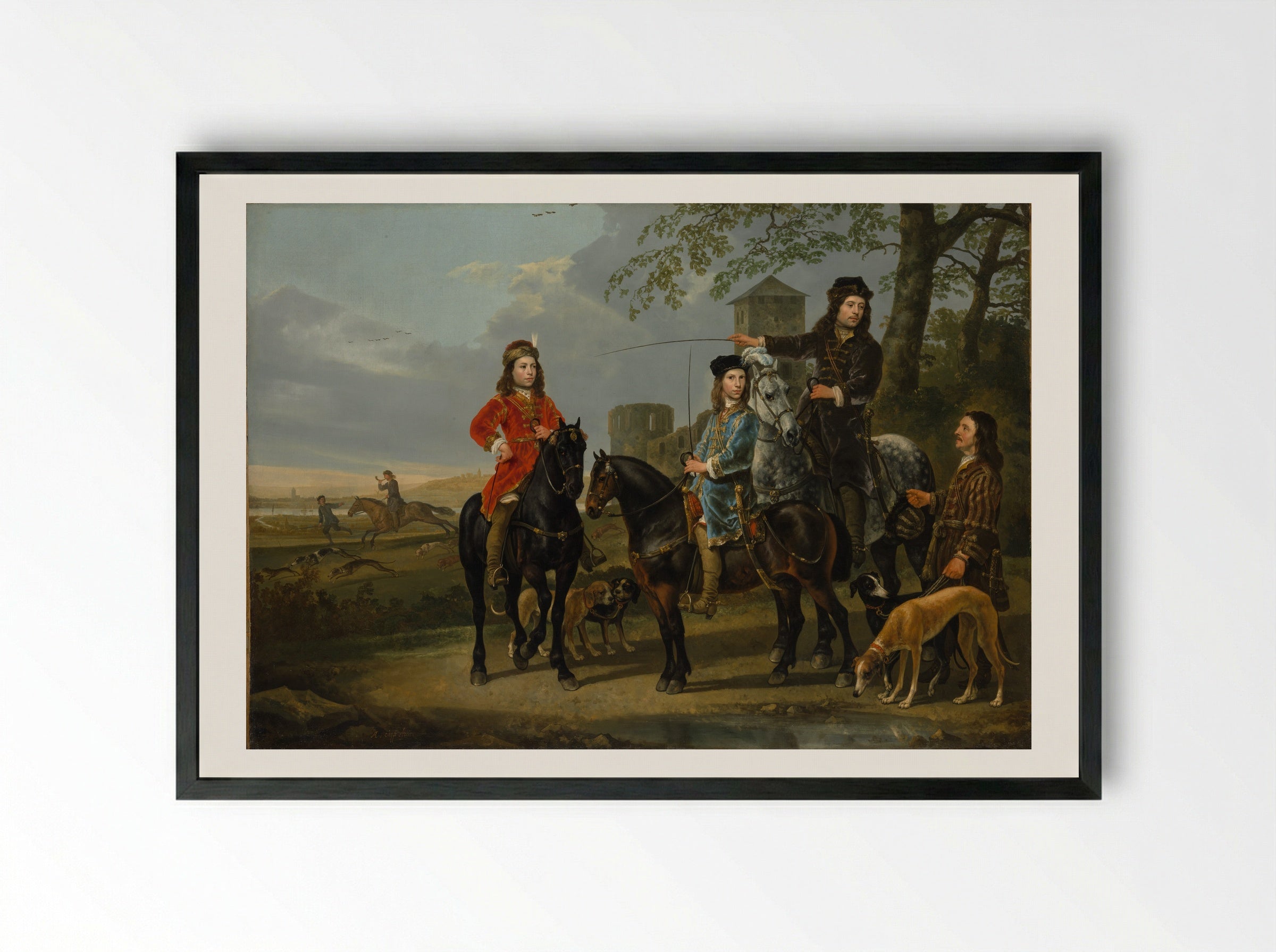 Equestrian Portrait of Cornelis and Michiel Pompe van Meerdervoort with Their Tutor and Coachman - Aelbert Cuyp - Framed Print Black