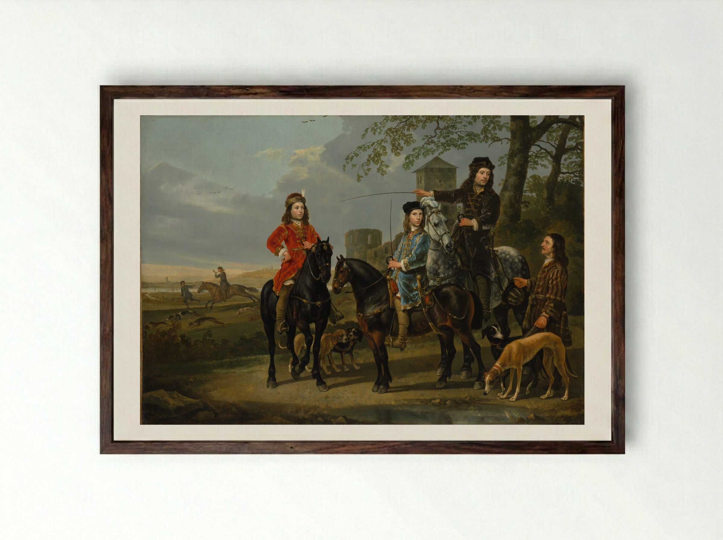 Equestrian Portrait of Cornelis and Michiel Pompe van Meerdervoort with Their Tutor and Coachman - Aelbert Cuyp - Framed Print Dark Wood
