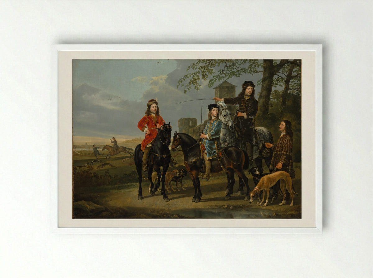 Equestrian Portrait of Cornelis and Michiel Pompe van Meerdervoort with Their Tutor and Coachman - Aelbert Cuyp - Framed Print White