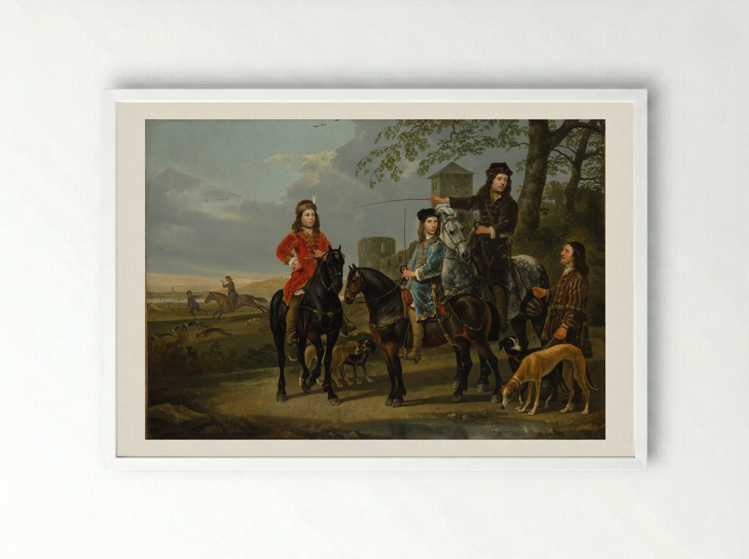 Equestrian Portrait of Cornelis and Michiel Pompe van Meerdervoort with Their Tutor and Coachman - Aelbert Cuyp - Framed Print White