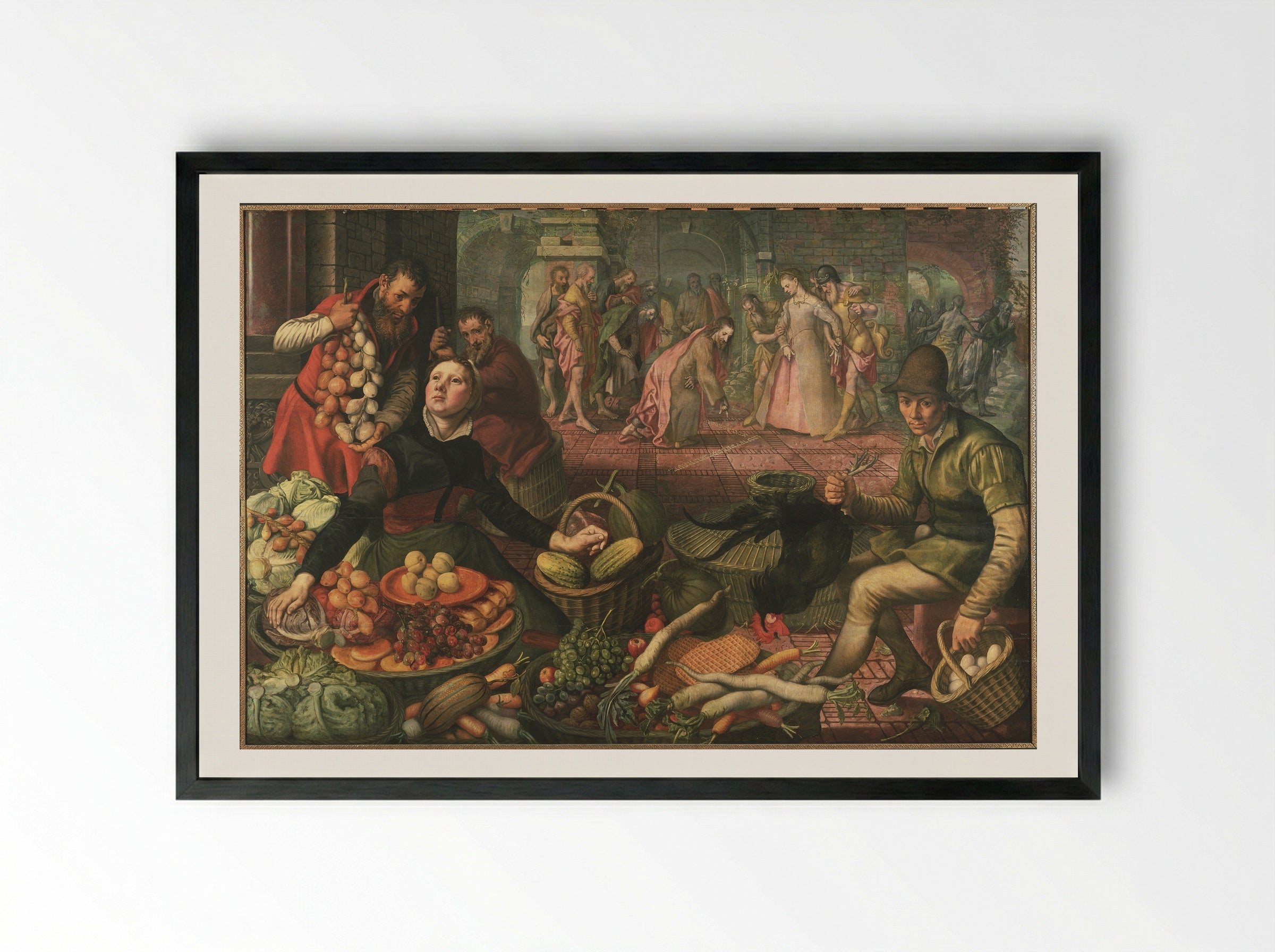 Market with Christ and the Woman Taken in Adultery - Pieter Aertsen - Framed Print Black