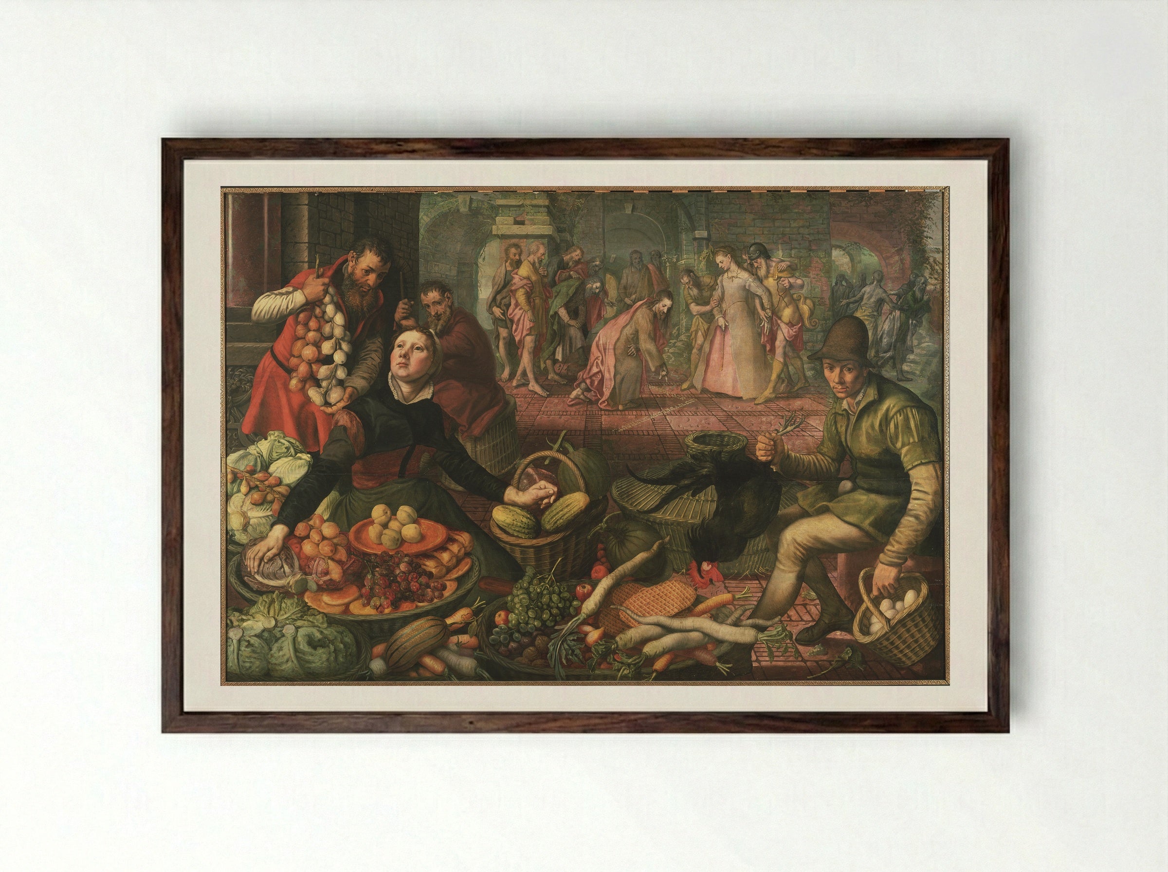 Market with Christ and the Woman Taken in Adultery - Pieter Aertsen - Framed Print Dark Wood