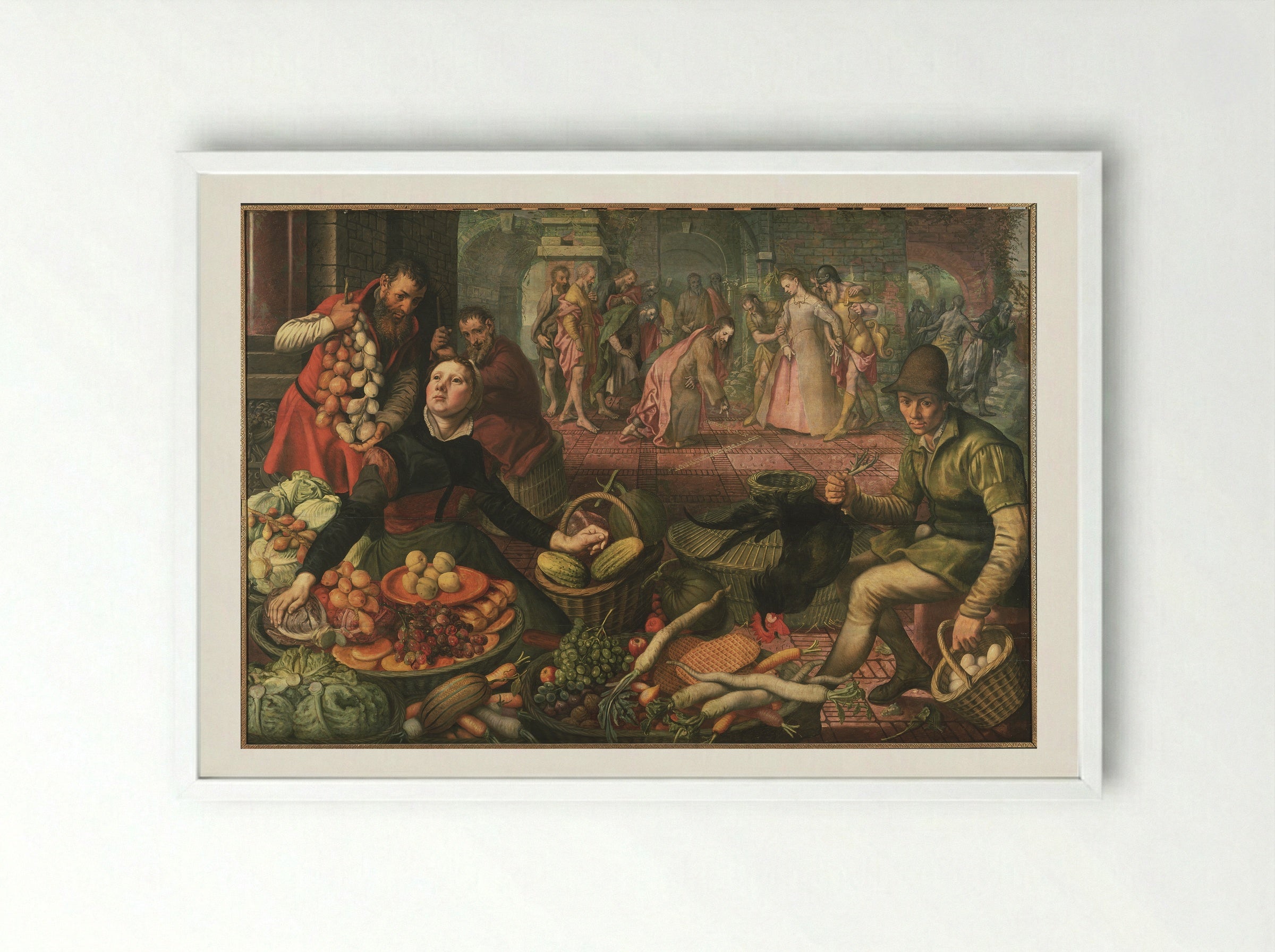 Market with Christ and the Woman Taken in Adultery - Pieter Aertsen - Framed Print White