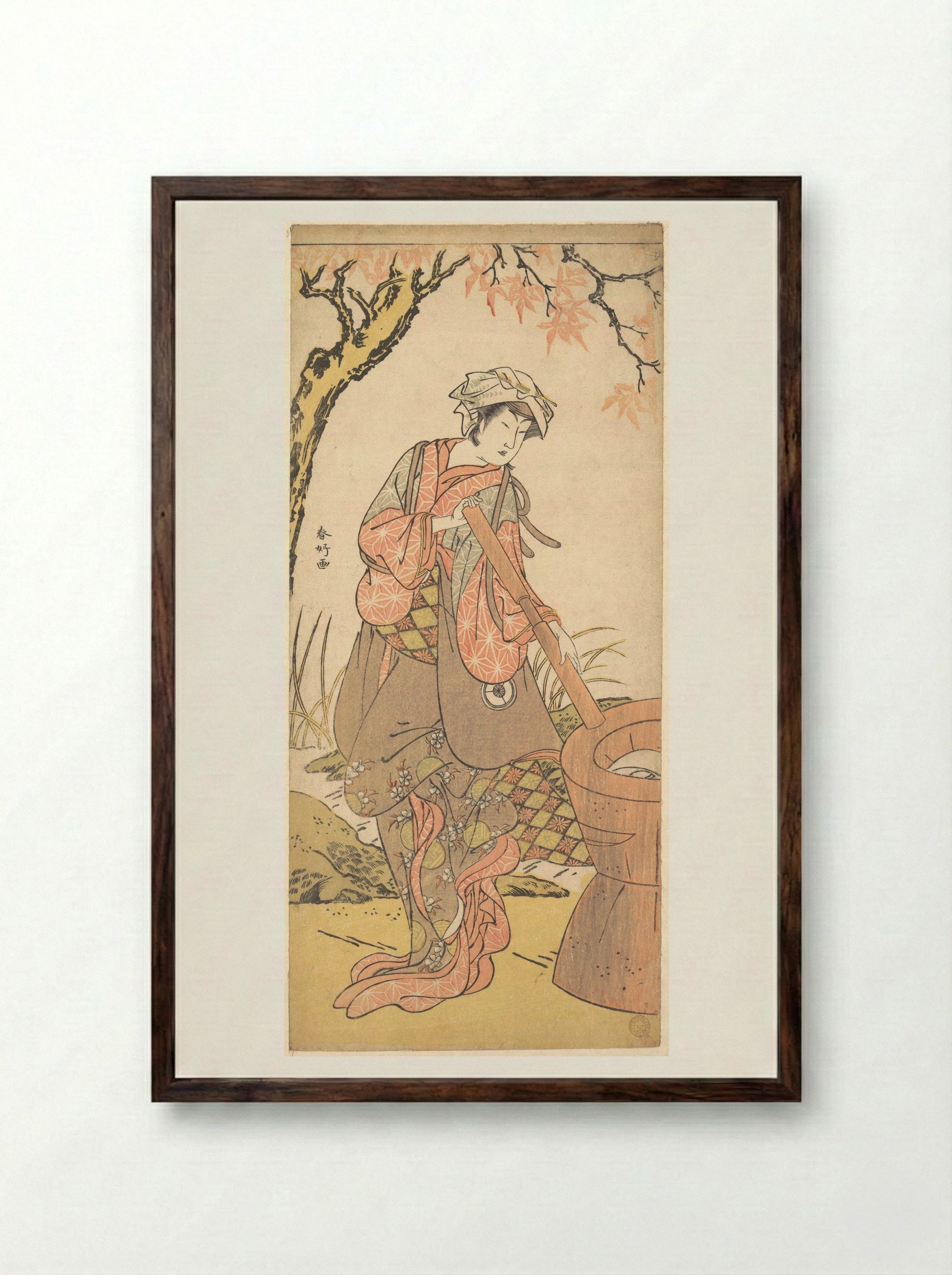 Iwai Kiyotaro in a Shosa Act, Holding a Kine (Pestle) - Katsukawa Shunkō - Framed Print Dark Wood