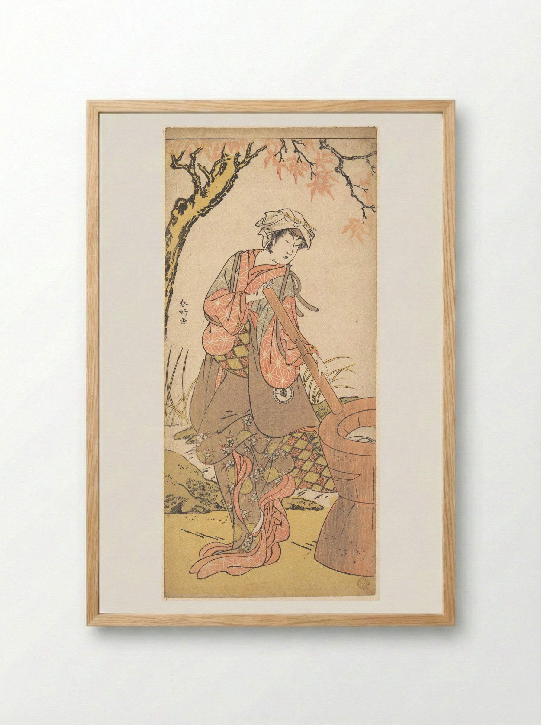 Iwai Kiyotaro in a Shosa Act, Holding a Kine (Pestle) - Katsukawa Shunkō - Framed Print Wood