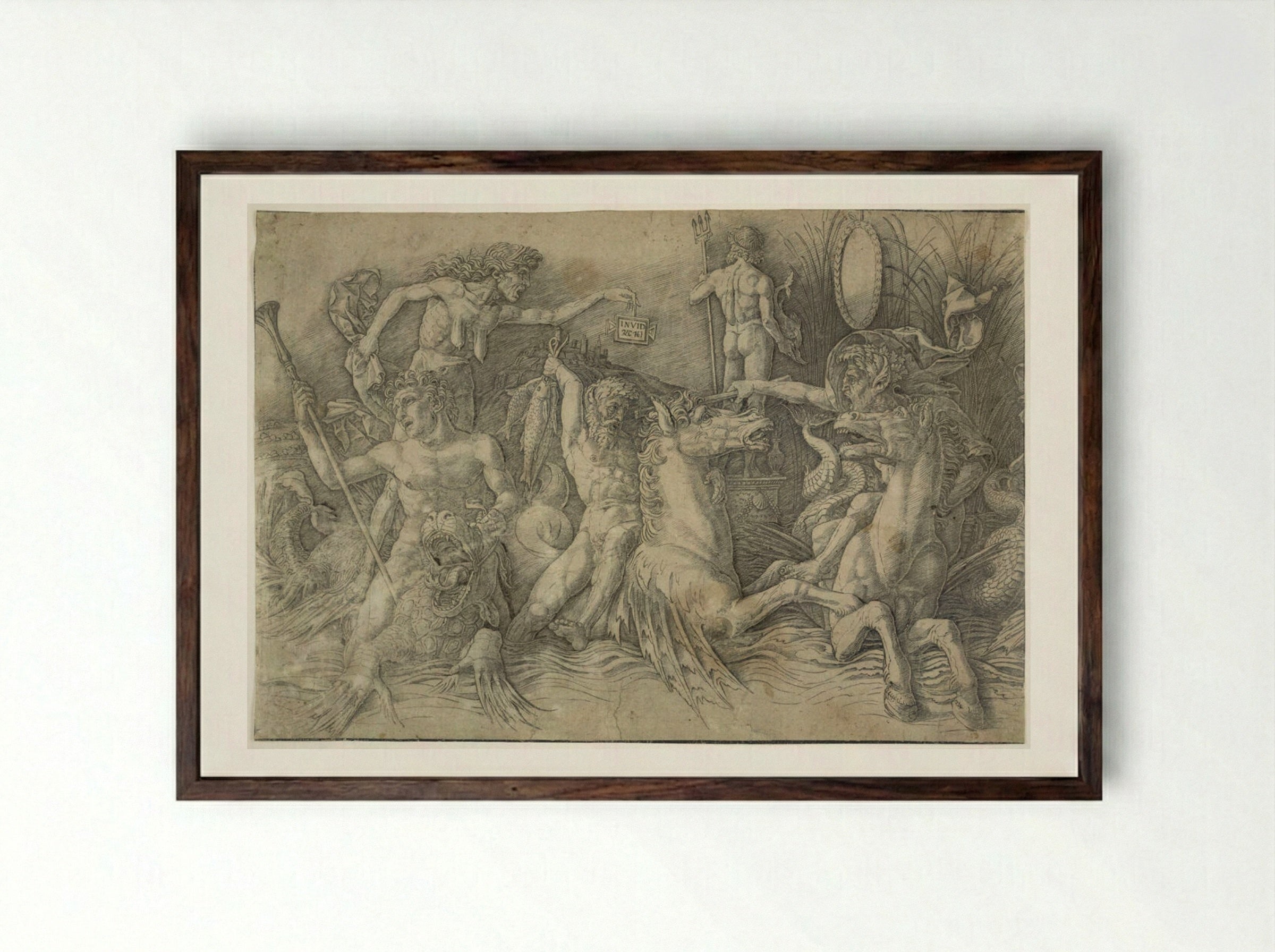 Battle of the Sea Gods: Left Half - Andrea Mantegna - Framed Print Dark Wood