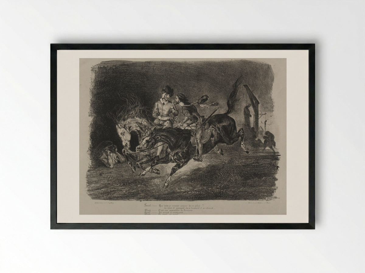 Faust and Méphistophélés riding to the Witches' Sabbath - Eugène Delacroix - Framed Print Black