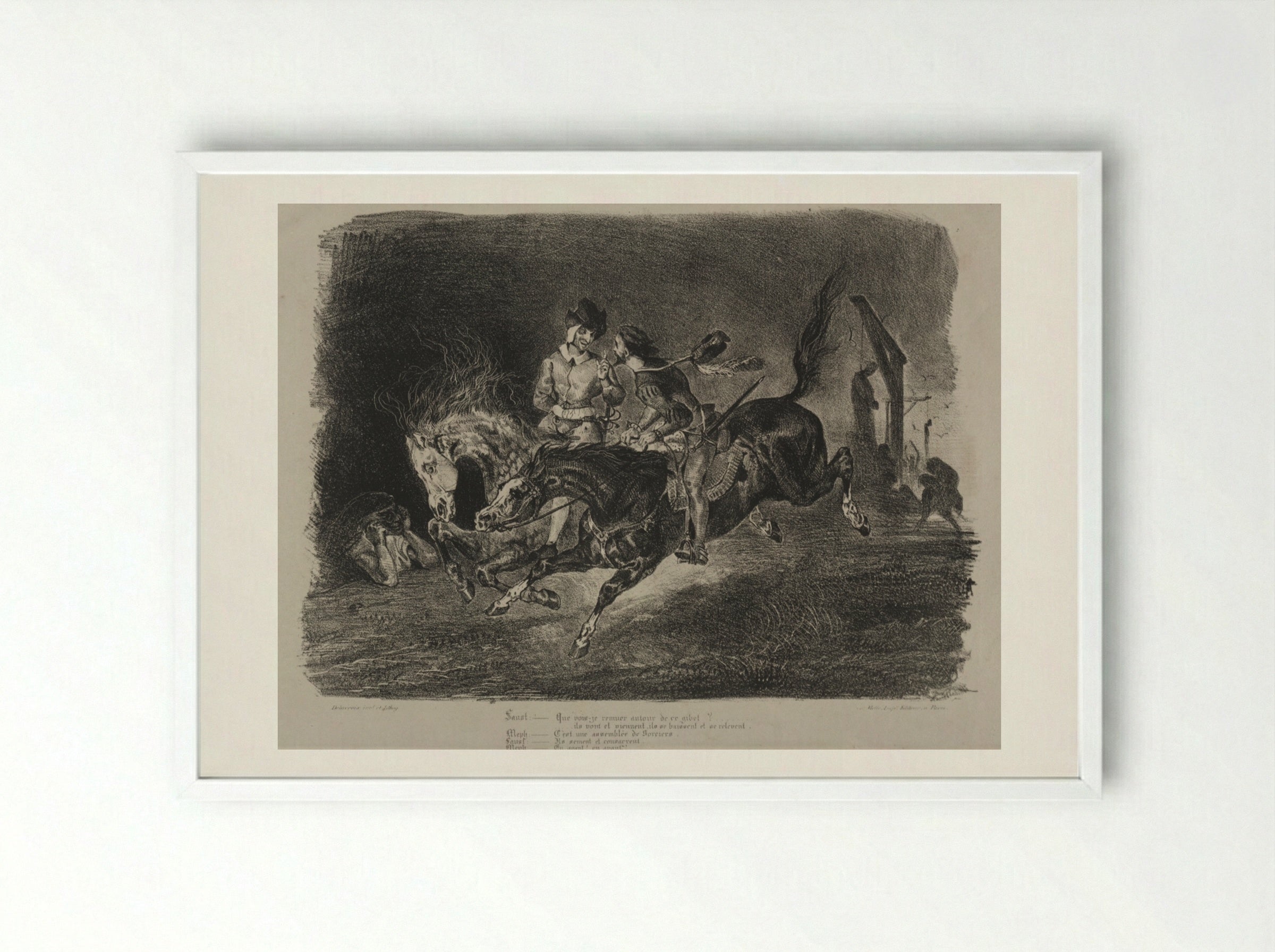 Faust and Méphistophélés riding to the Witches' Sabbath - Eugène Delacroix - Framed Print White