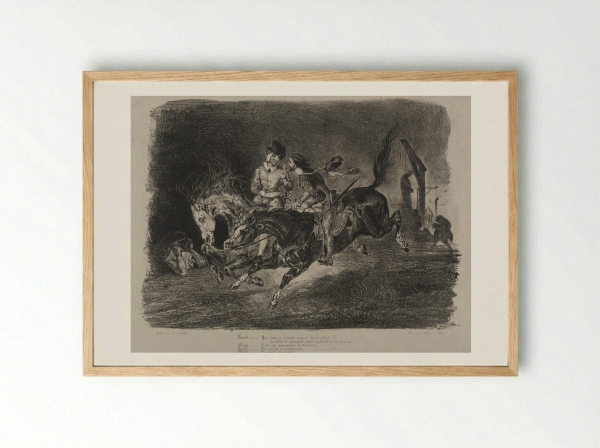 Faust and Méphistophélés riding to the Witches' Sabbath - Eugène Delacroix - Framed Print Wood