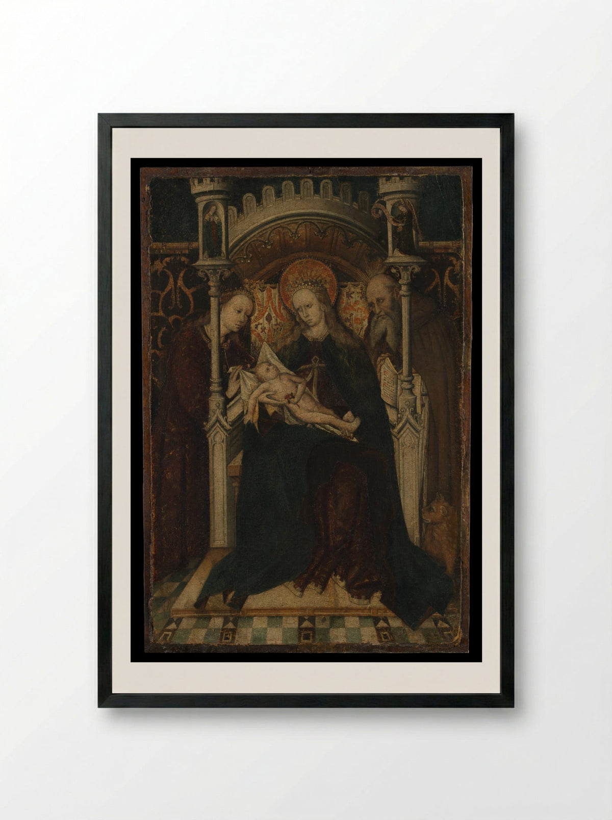 Virgin and Child Enthroned with Saints Catherine and Jerome - Spanish Painter - Framed Print Black