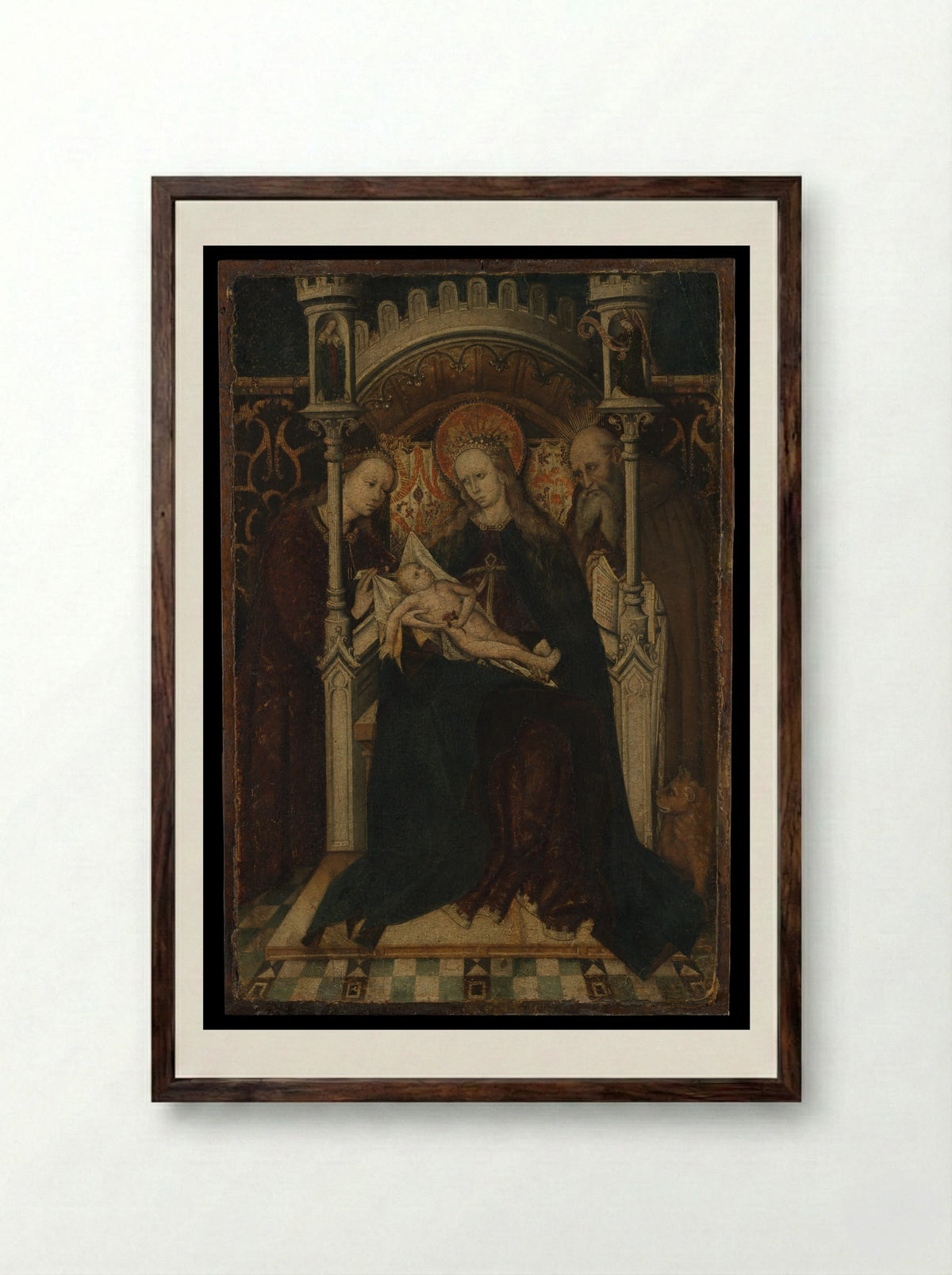 Virgin and Child Enthroned with Saints Catherine and Jerome - Spanish Painter - Framed Print Dark Wood