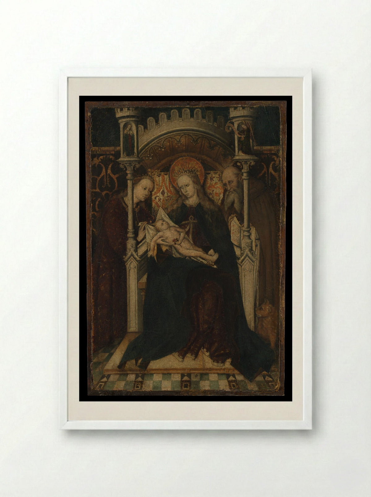 Virgin and Child Enthroned with Saints Catherine and Jerome - Spanish Painter - Framed Print White
