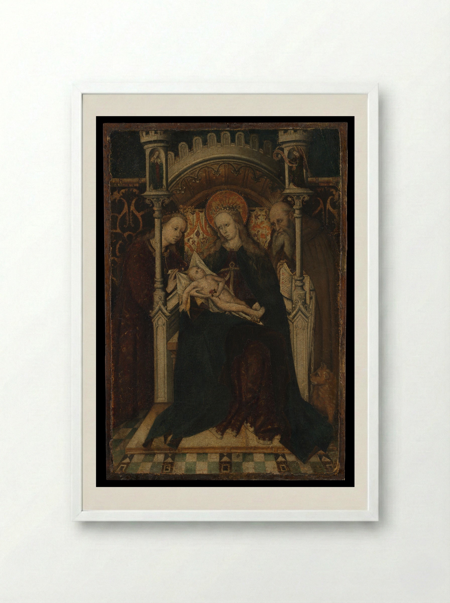 Virgin and Child Enthroned with Saints Catherine and Jerome - Spanish Painter - Framed Print White