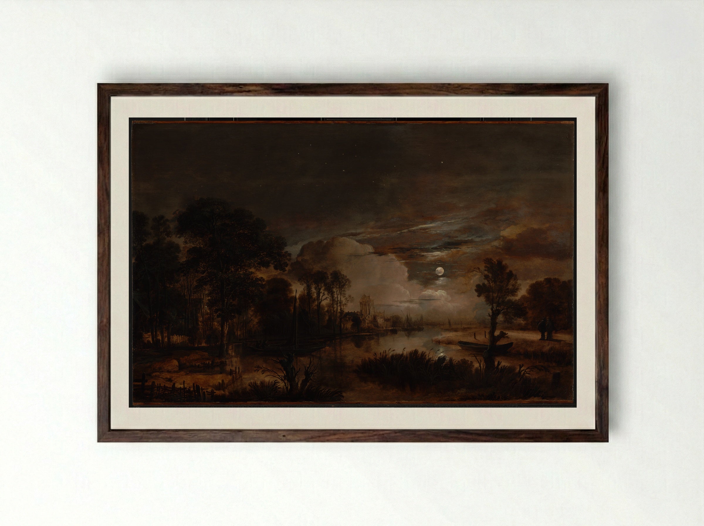 River Landscape with Fishermen - Aert van der Neer - Framed Print Dark Wood