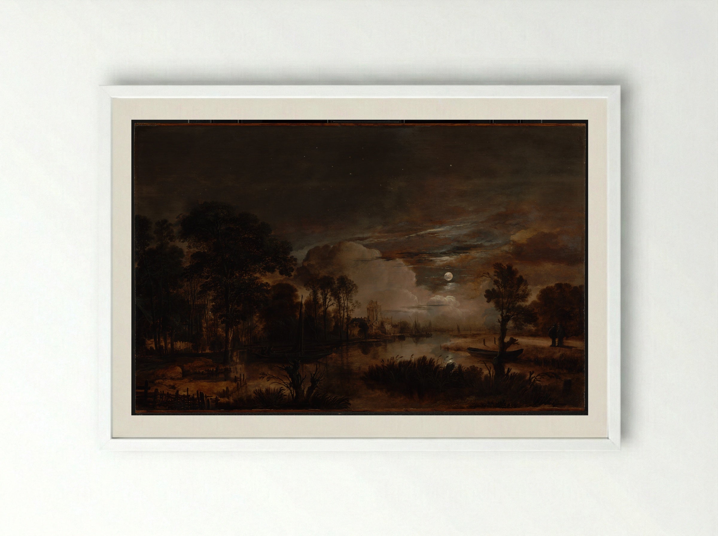 River Landscape with Fishermen - Aert van der Neer - Framed Print White