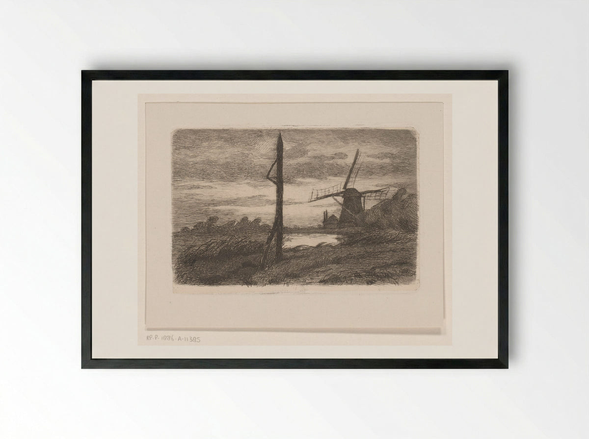 Riviergezicht met molen - Wilhelmus Johannes Steenhoff - Framed Print Black