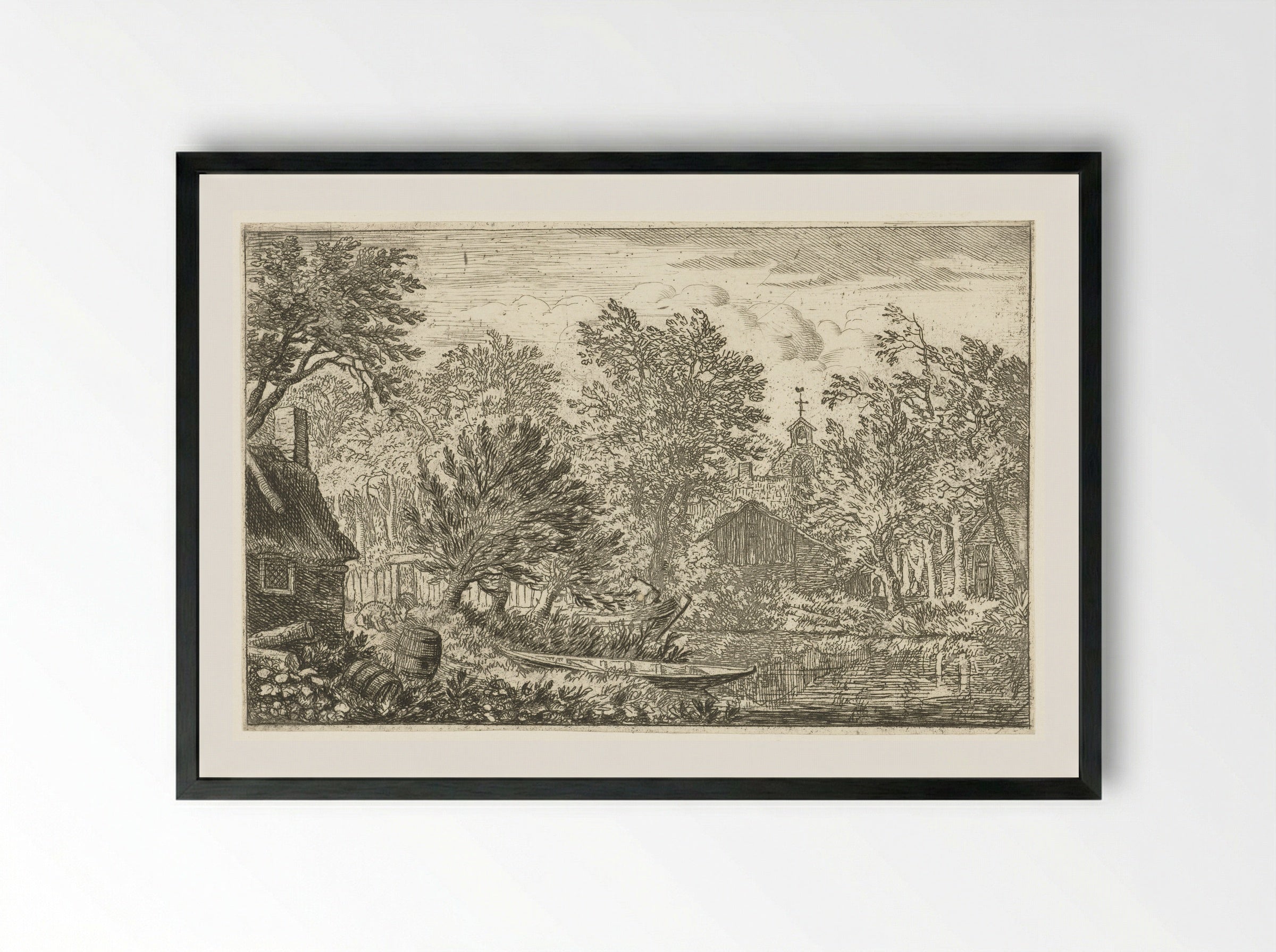 Village View with Rowing Boat - Allaert van Everdingen - Framed Print Black