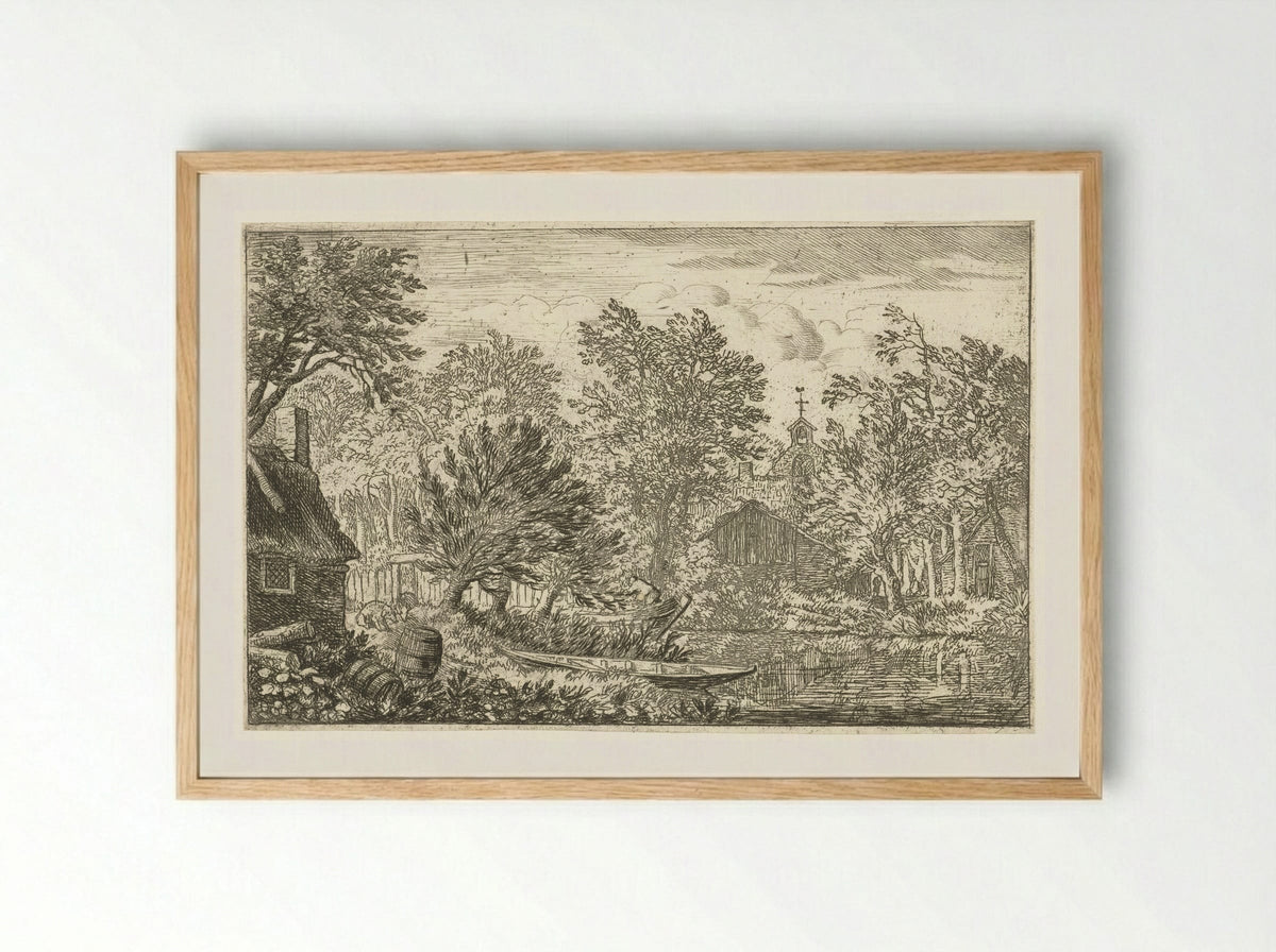 Village View with Rowing Boat - Allaert van Everdingen - Framed Print Wood