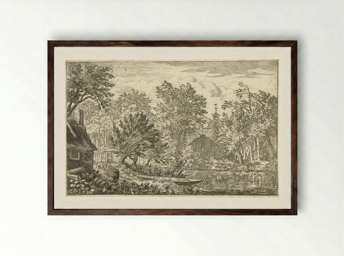Village View with Rowing Boat - Allaert van Everdingen - Framed Print Dark Wood