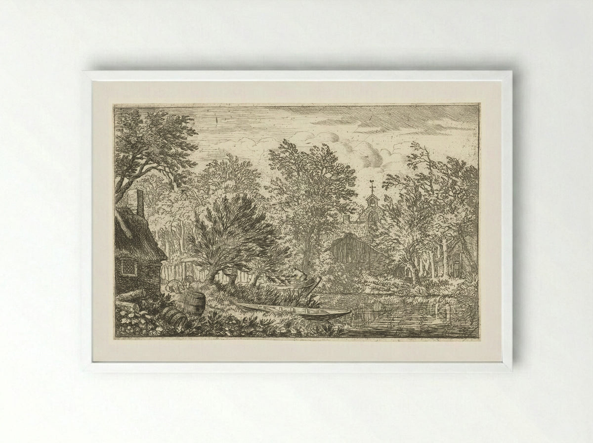 Village View with Rowing Boat - Allaert van Everdingen - Framed Print White