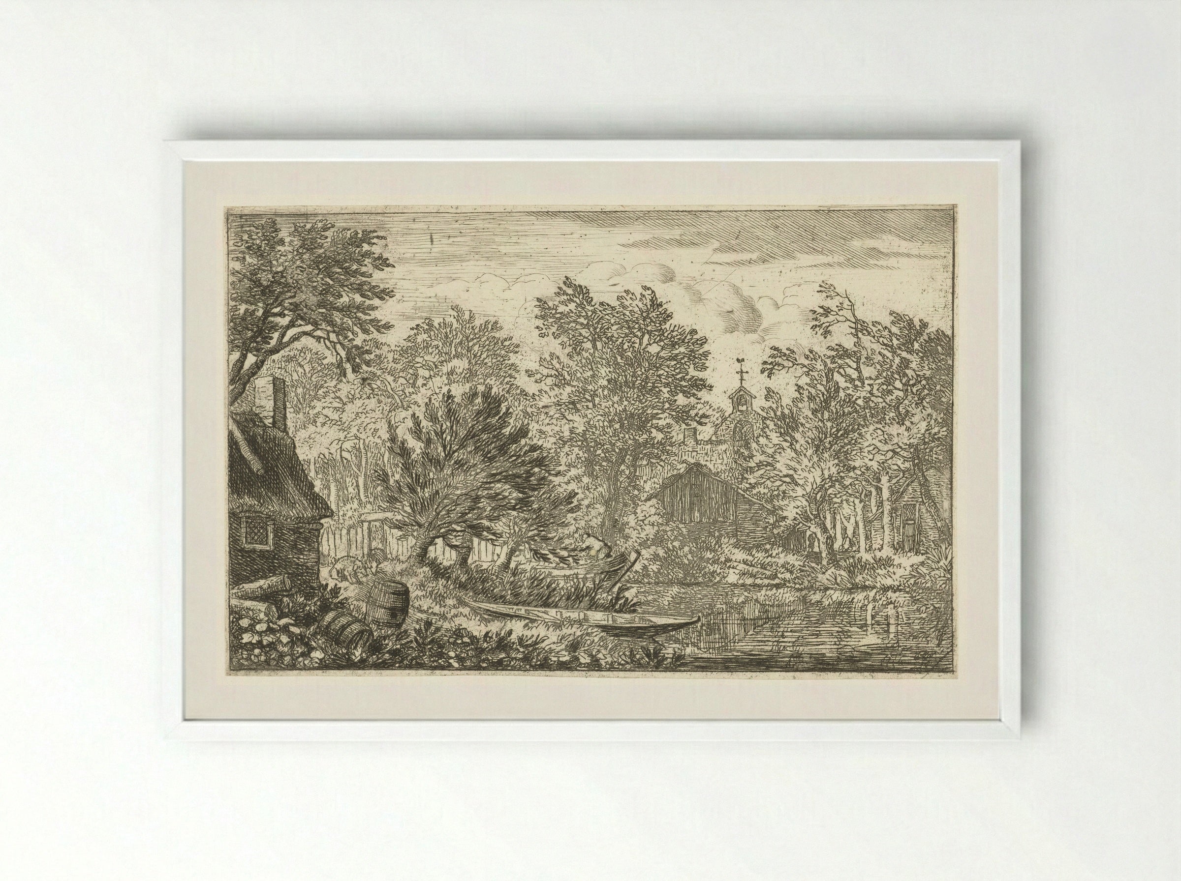 Village View with Rowing Boat - Allaert van Everdingen - Framed Print White