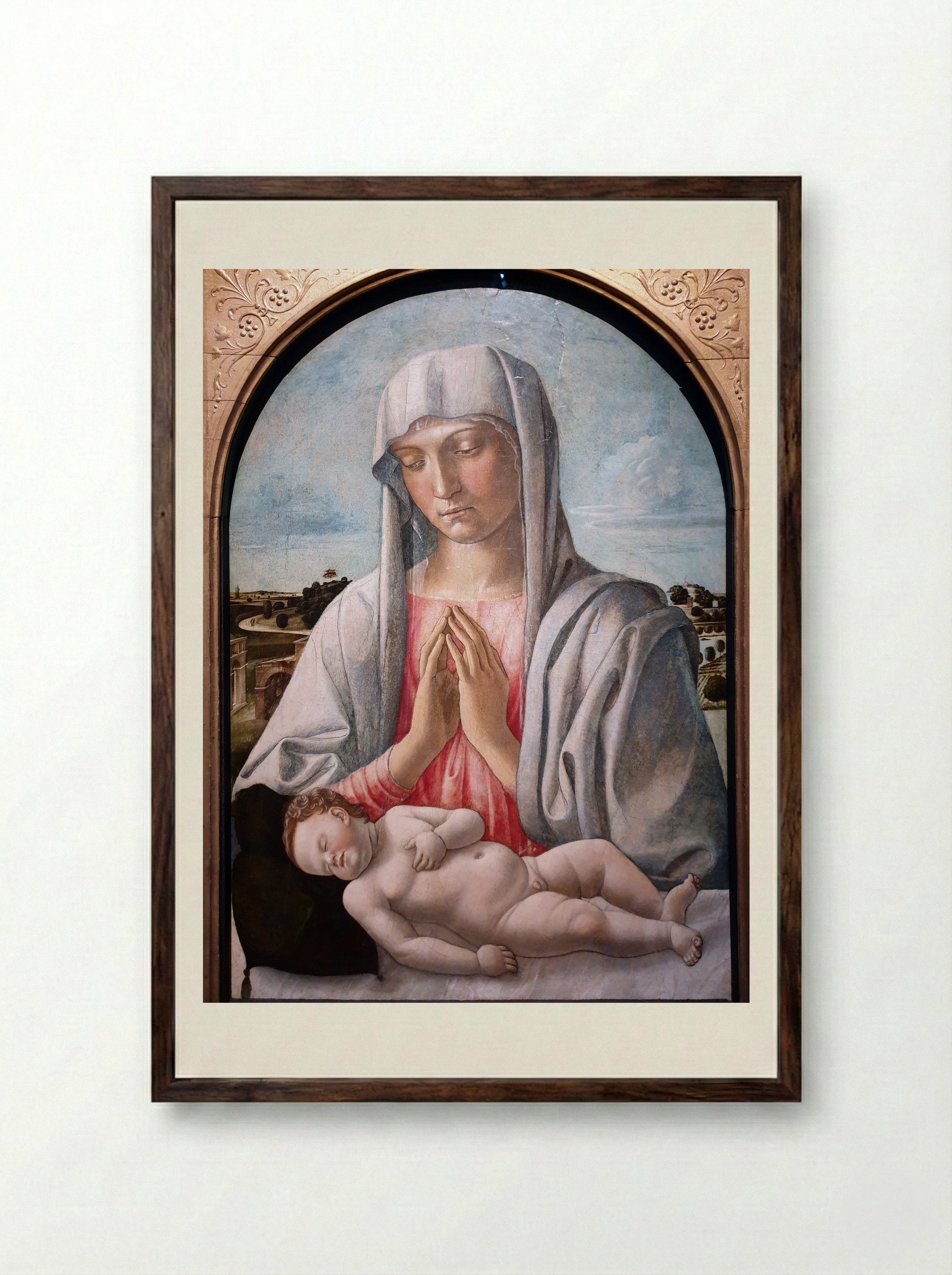 Madonna Adoring the Sleeping Child - Giovanni Bellini - Framed Print Dark Wood