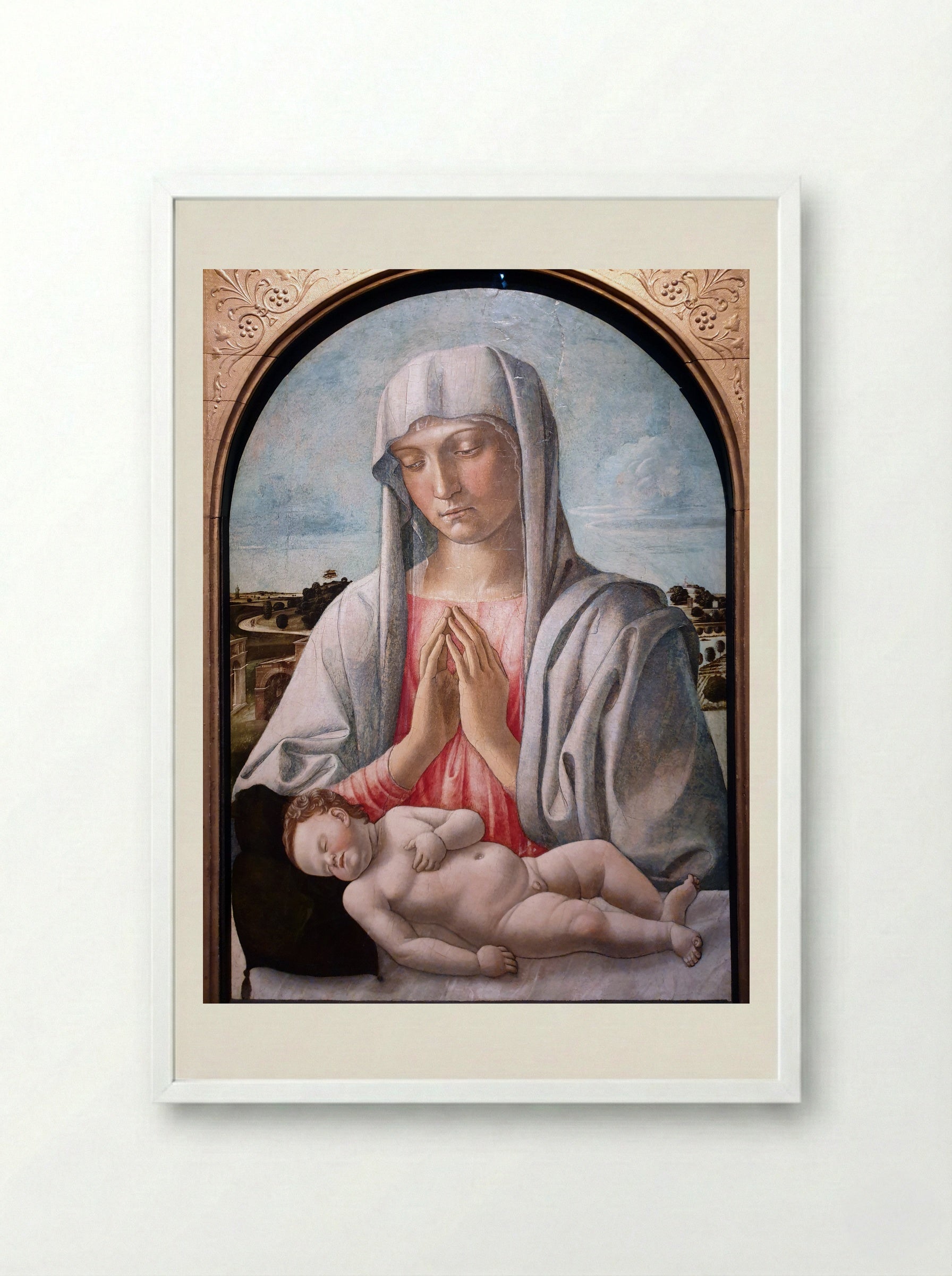 Madonna Adoring the Sleeping Child - Giovanni Bellini - Framed Print White