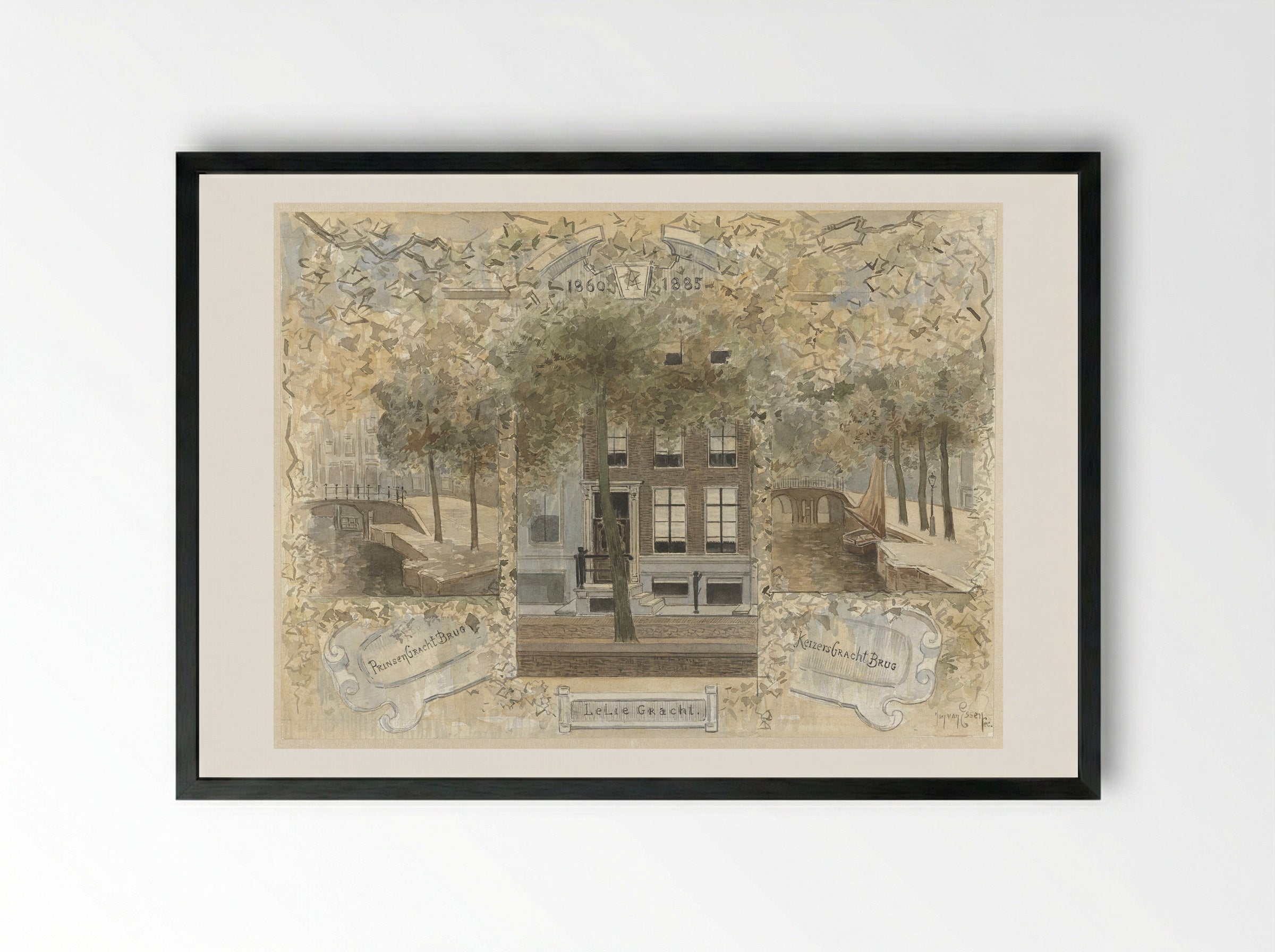 Huis op de Leliegracht, geflankeerd door de bruggen over de Prinsengracht en de Keizersgracht - Jan van Essen - Framed Print Black