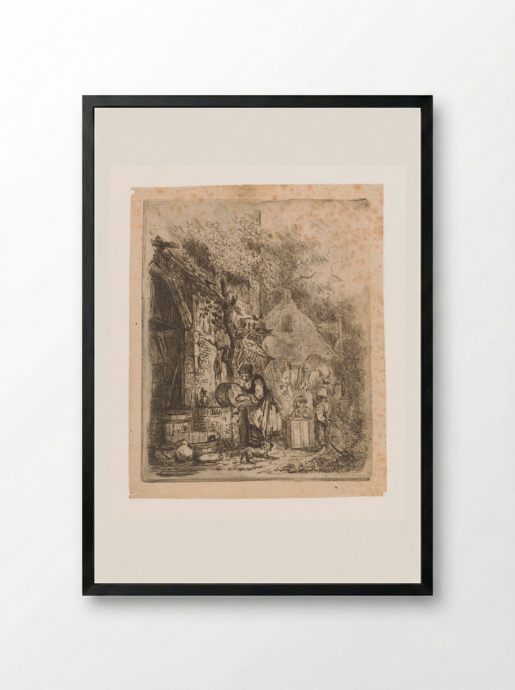Street Scene with Woman Scouring a Kettle - Adrien Joseph Verhoeven-Ball - Framed Print Black