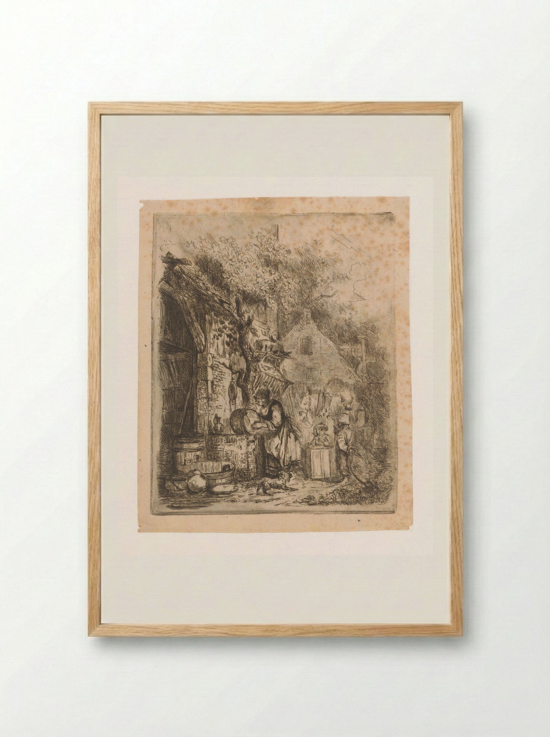 Street Scene with Woman Scouring a Kettle - Adrien Joseph Verhoeven-Ball - Framed Print Wood