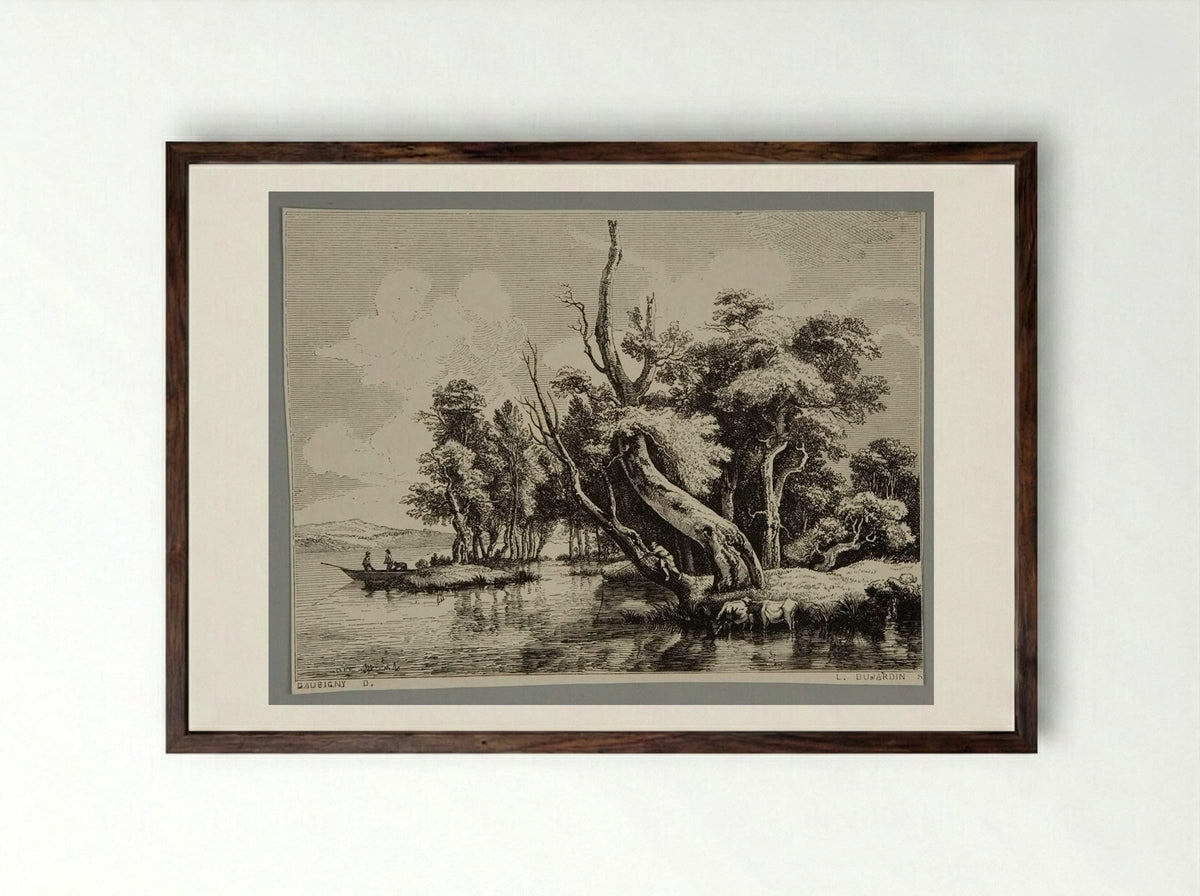 River Scene (After Daubigny) - Louis Dujardin - Framed Print Dark Wood