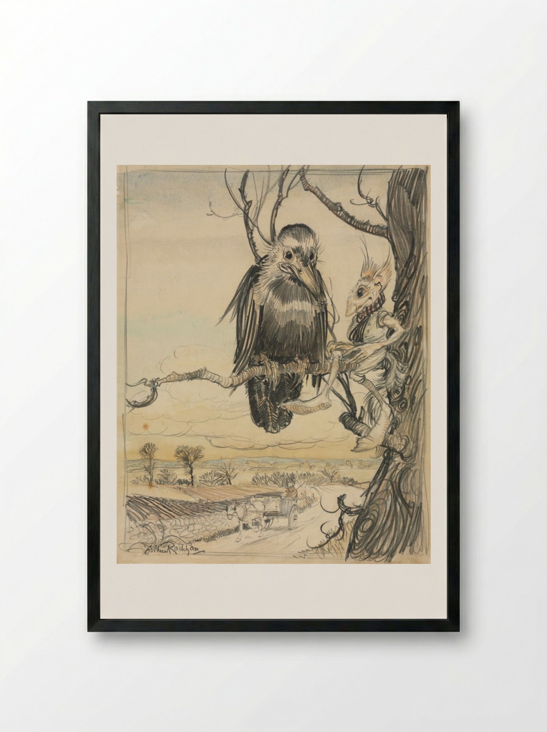 A Squirrel and a Crow - Arthur Rackham - Framed Print Black