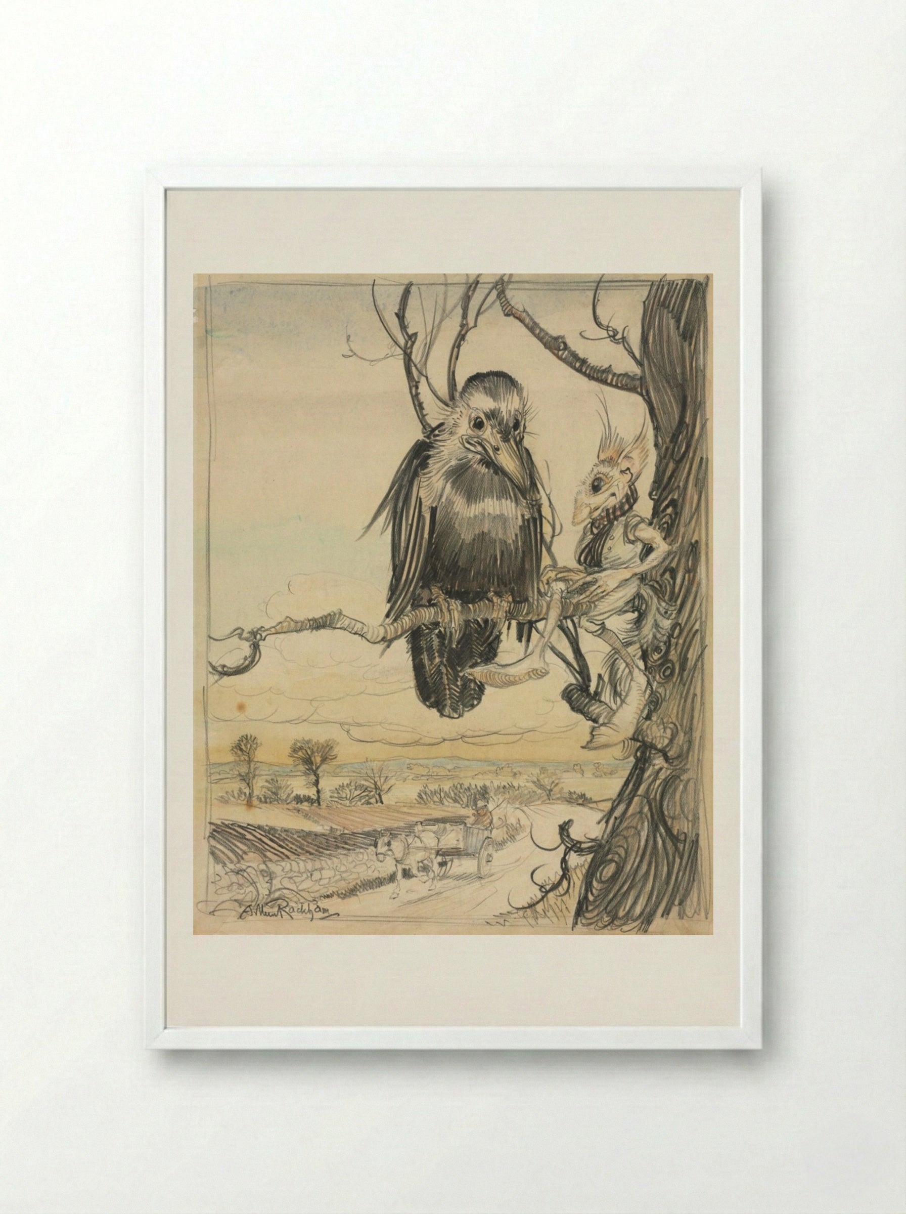 A Squirrel and a Crow - Arthur Rackham - Framed Print White